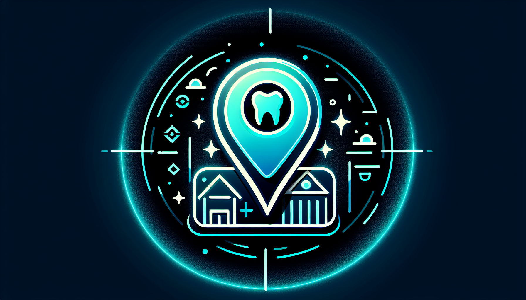 Neon-Illustration: Google-Maps-Pin über einer Zahnarztpraxis