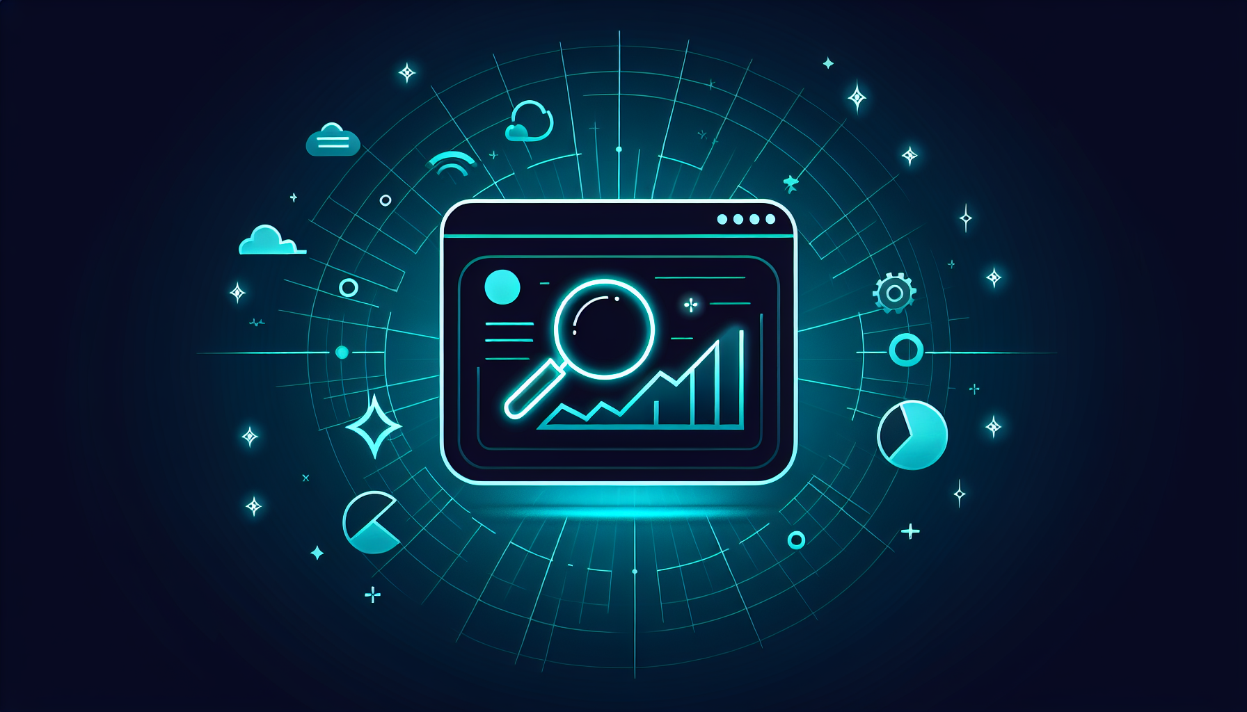 Neon-Ilustrație: lupă peste dashboard de trafic organic și SEO