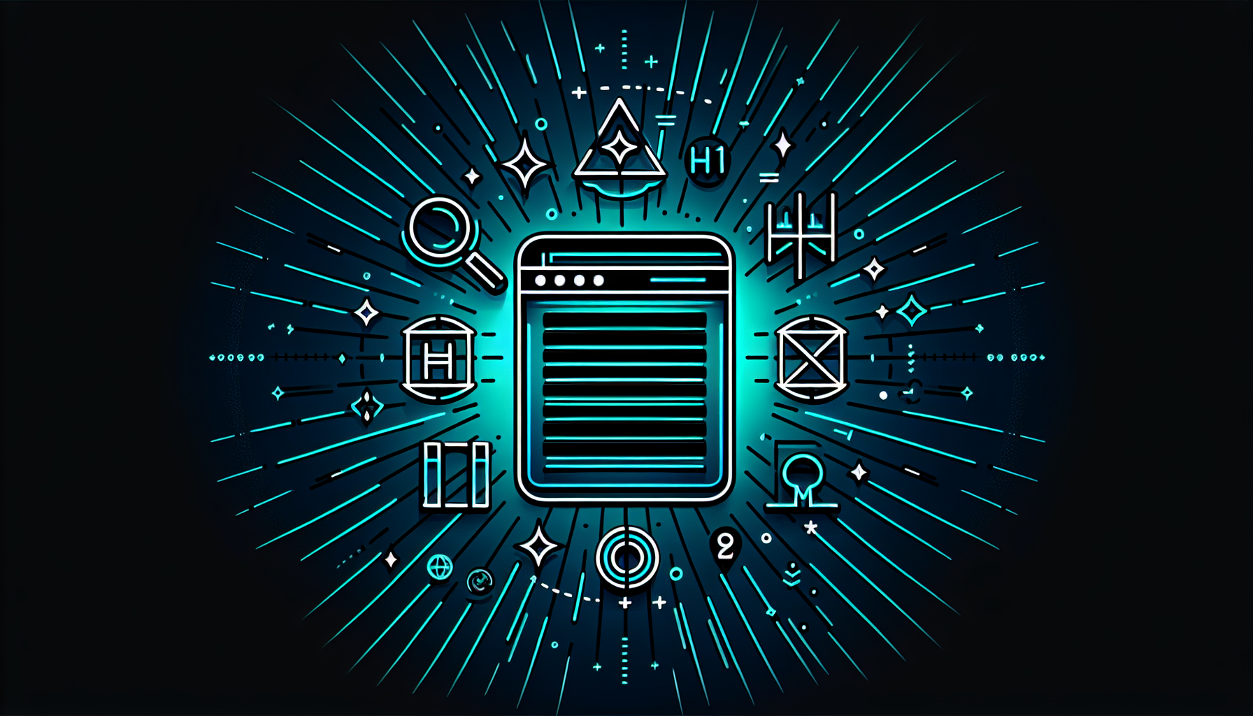 Neon-Ilustrație: elemente on-page SEO (H1/H2, meta tag-uri)