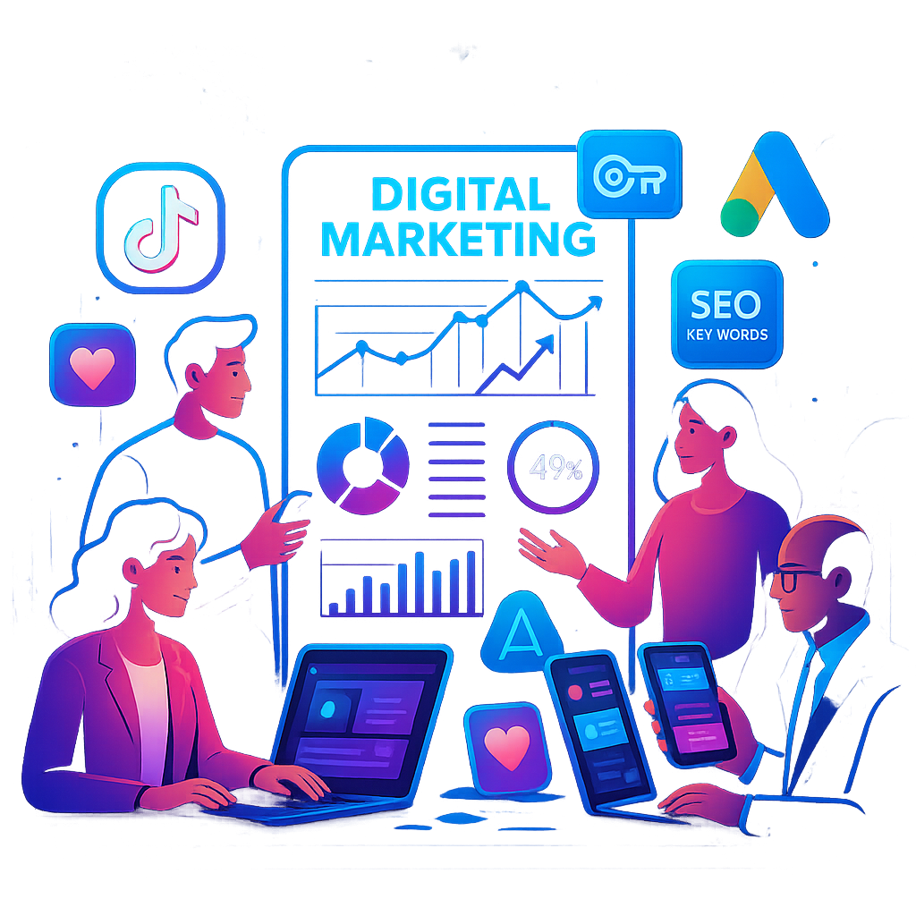 Ilustrație despre strategii de marketing digital pentru afaceri