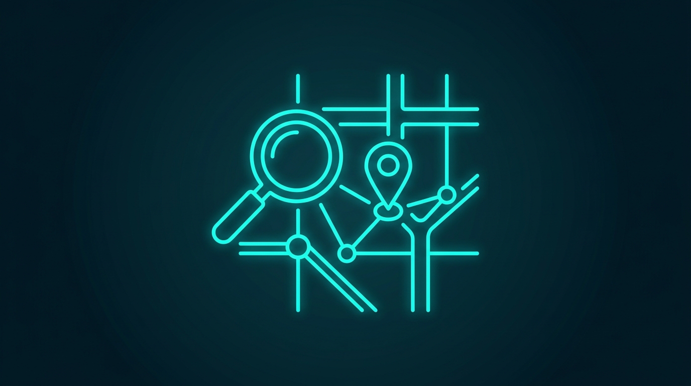 Ilustrație: hartă cu pin de locație și icon de căutare pentru SEO local