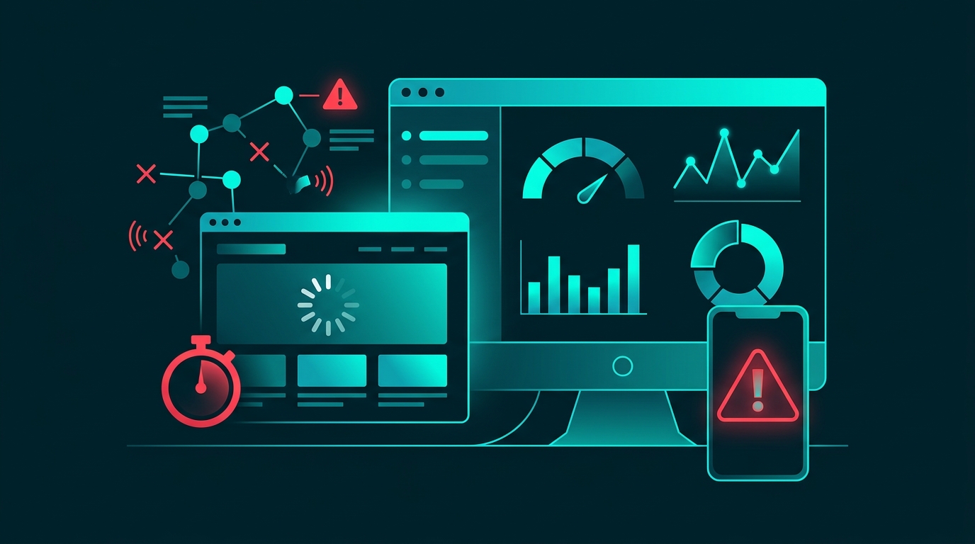 Ilustrație cu site lent, erori tehnice și semnale Core Web Vitals