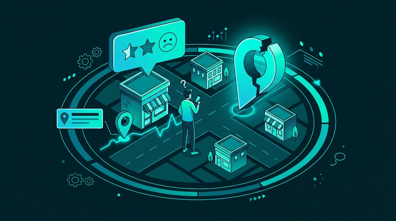 Ilustrație cu pin de locație greșit și semnale slabe de local SEO