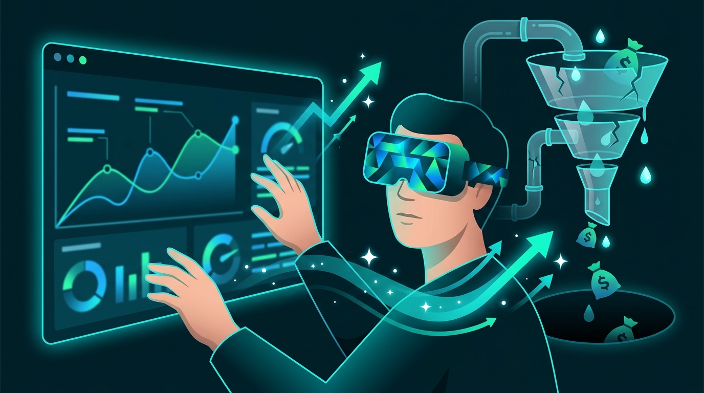 Ilustrație cu dashboard de analitice și funnel de conversie pentru SEO