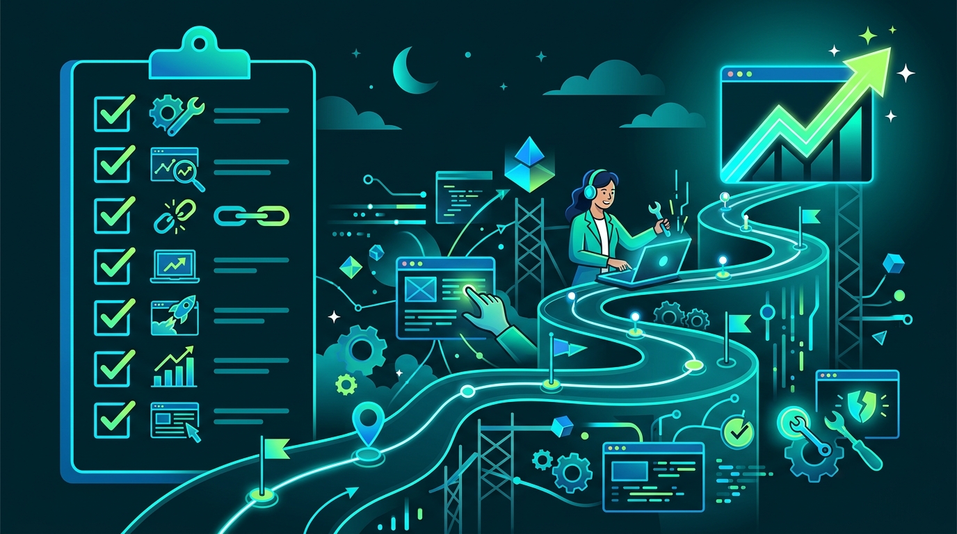 Ilustrație cu checklist și creștere de trafic după optimizare SEO