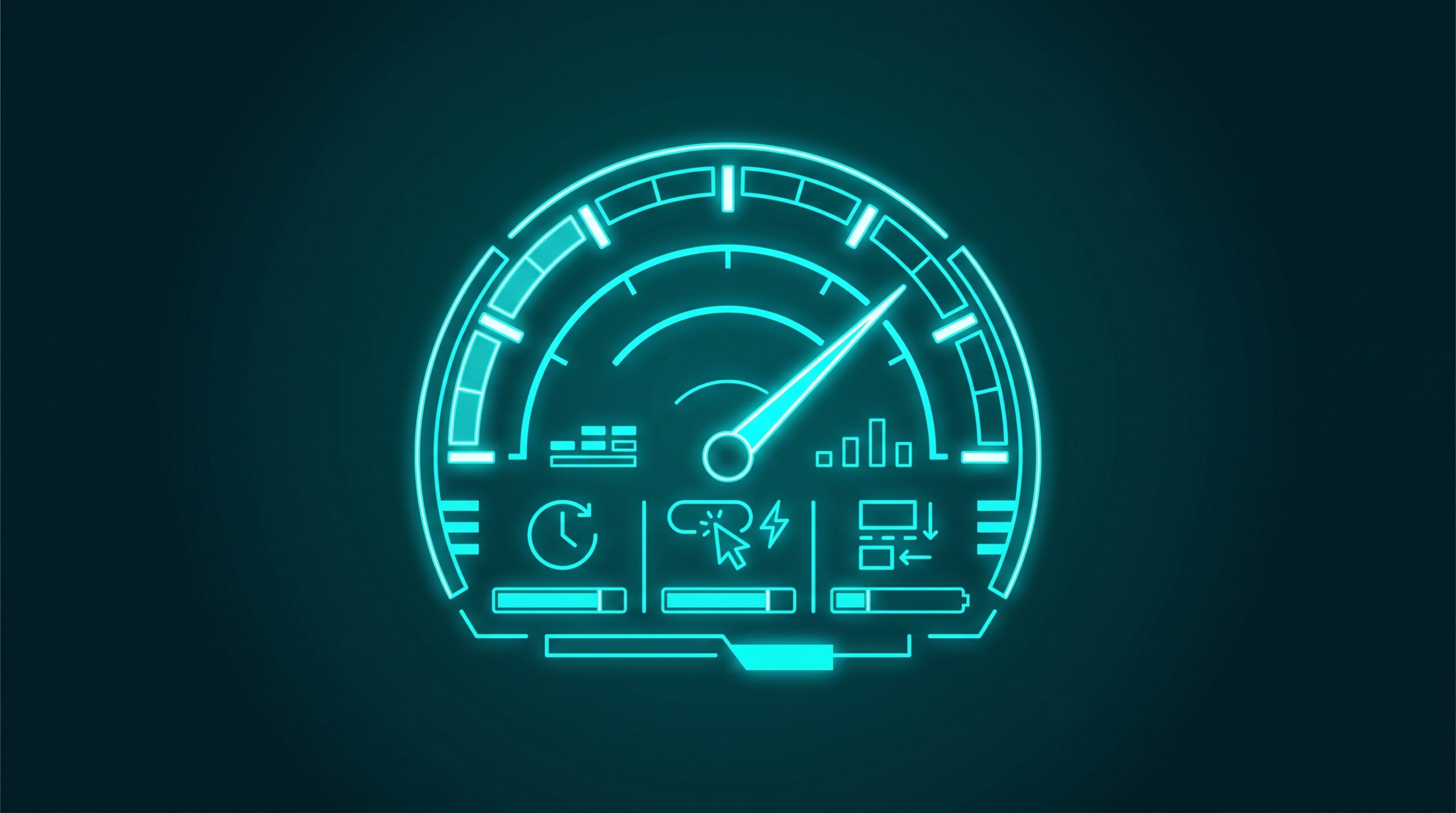 Ilustrație neon cu indicatori Core Web Vitals și metrici de performanță pentru site-uri web