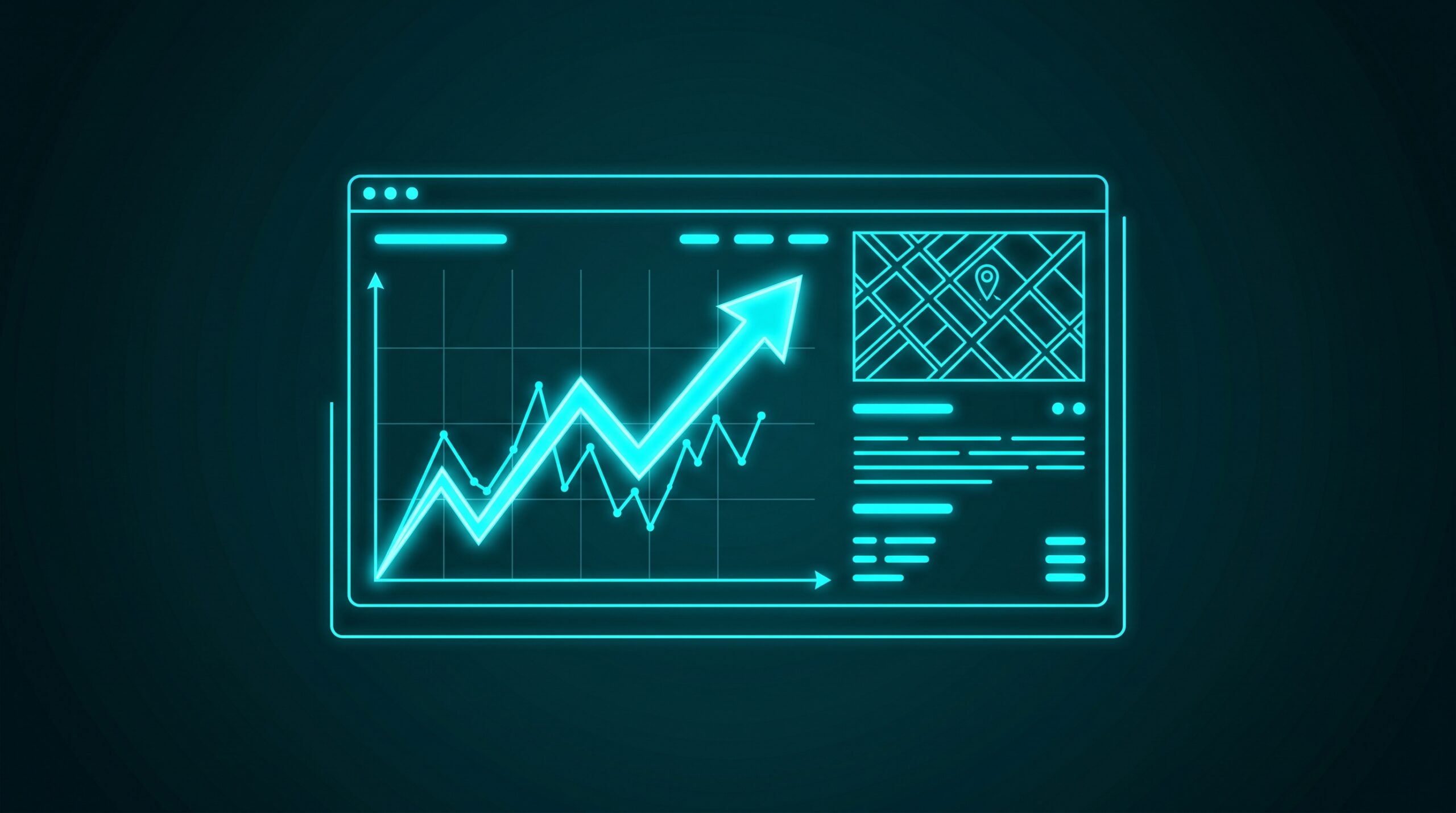 Ilustrație: dashboard analytics cu grafic ascendent și hartă locații