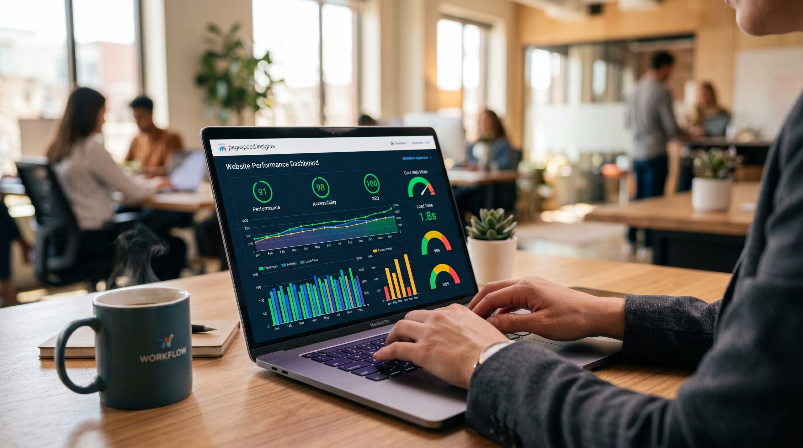 Laptop-Bildschirm zeigt Website-Geschwindigkeitsmetriken und Performance-Dashboard