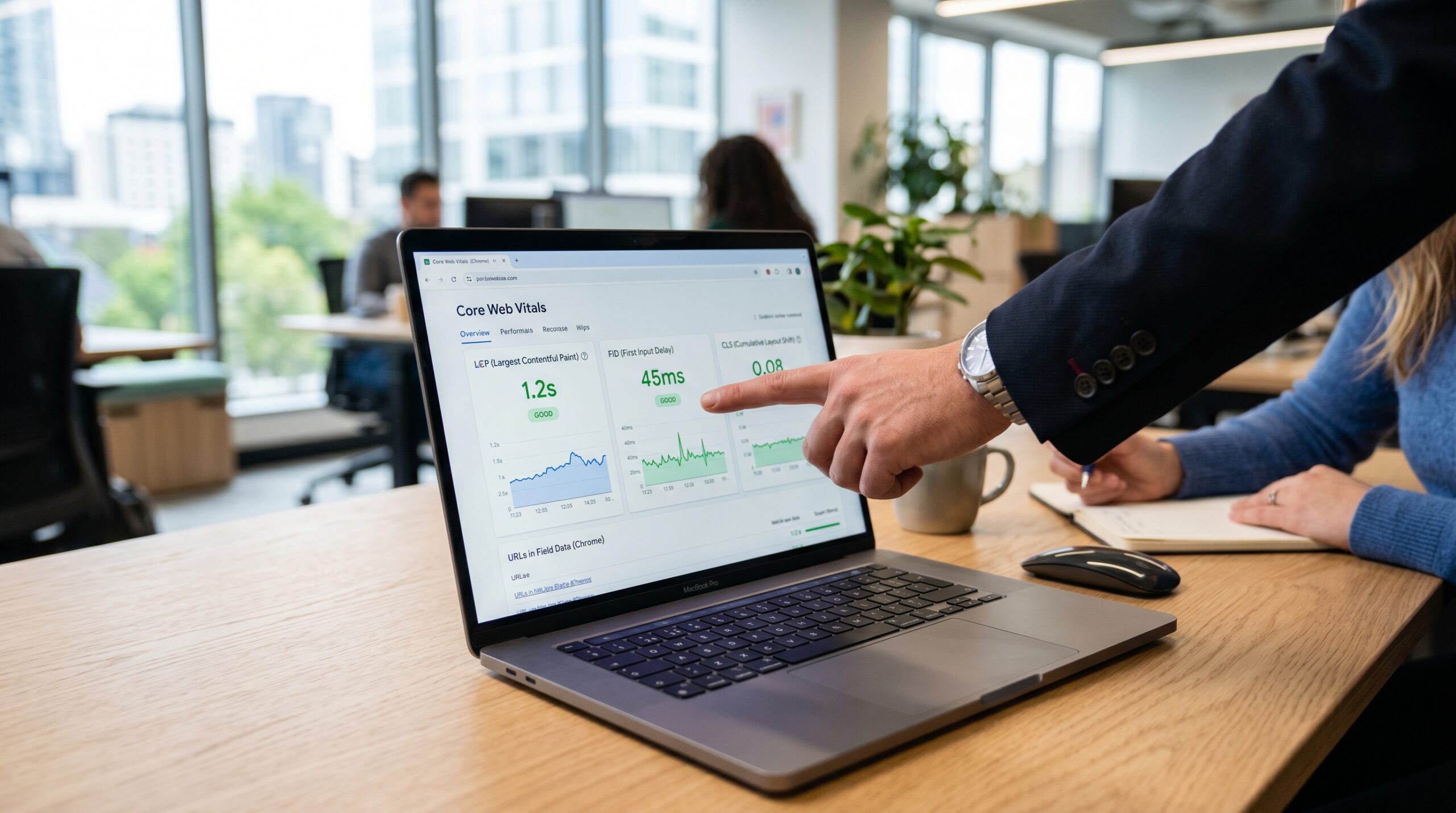 Laptop-Bildschirm zeigt Core Web Vitals Dashboard mit LCP, FID und CLS Performance-Metriken
