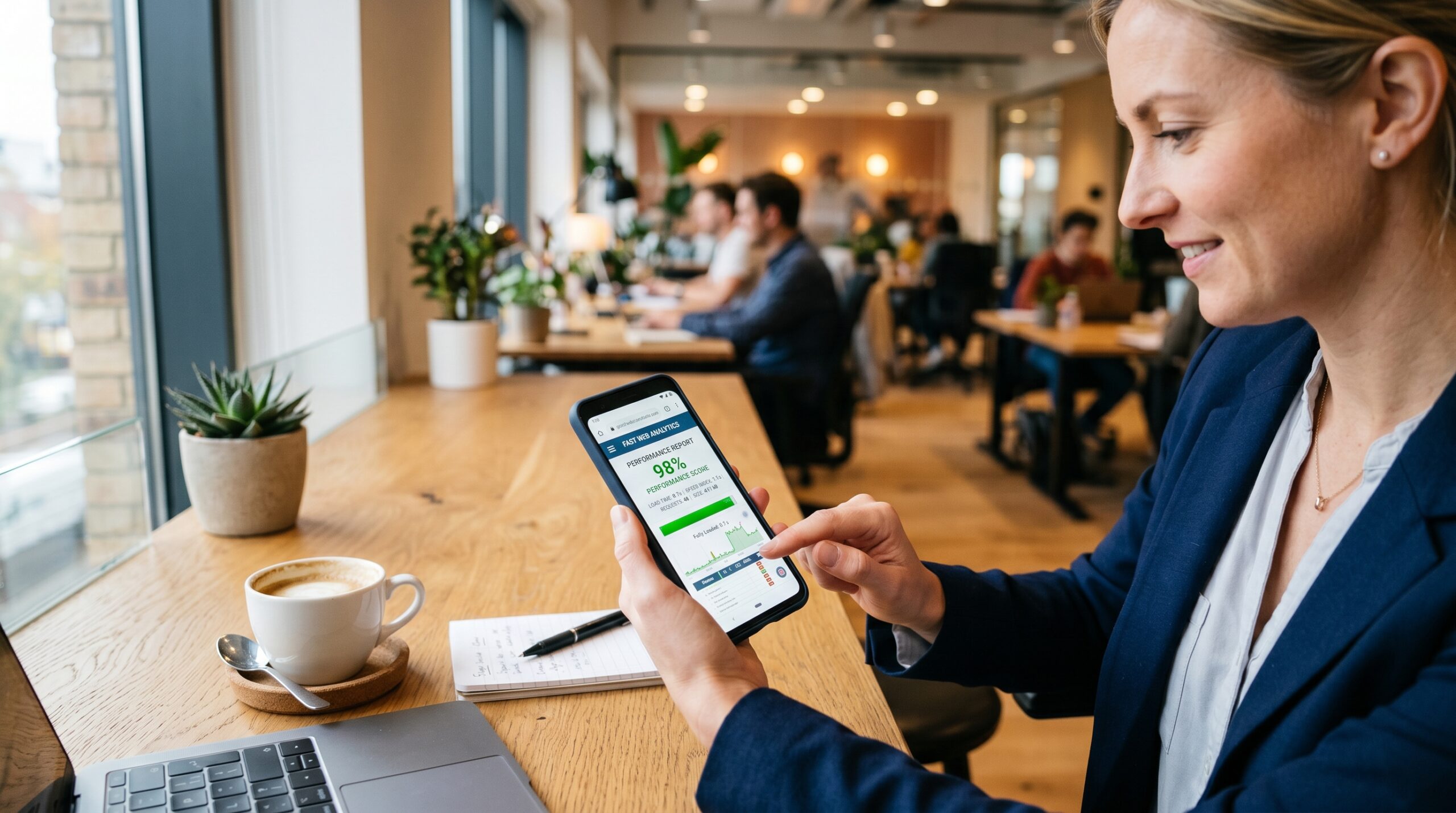 Smartphone zeigt schnell ladende Website mit Speed Test Ergebnissen und Performance-Daten