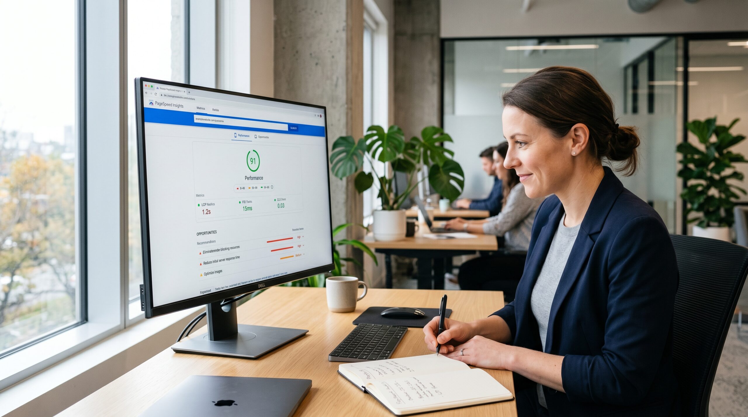 Computer Monitor zeigt Google PageSpeed Insights Interface mit Performance Score und Empfehlungen
