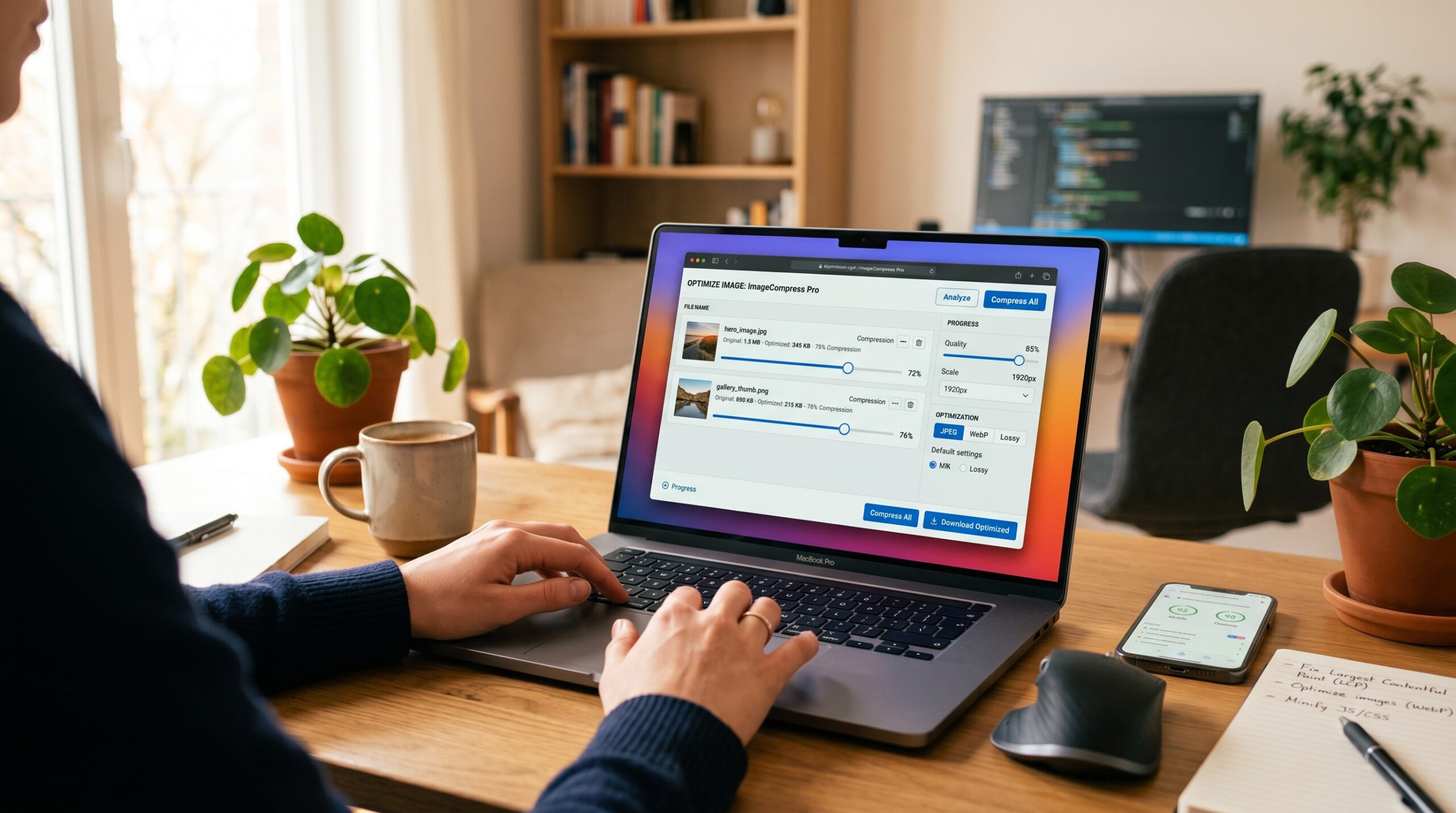 Laptop zeigt Bild-Optimierungstool mit Dateigröße-Komprimierung für Website-Geschwindigkeit