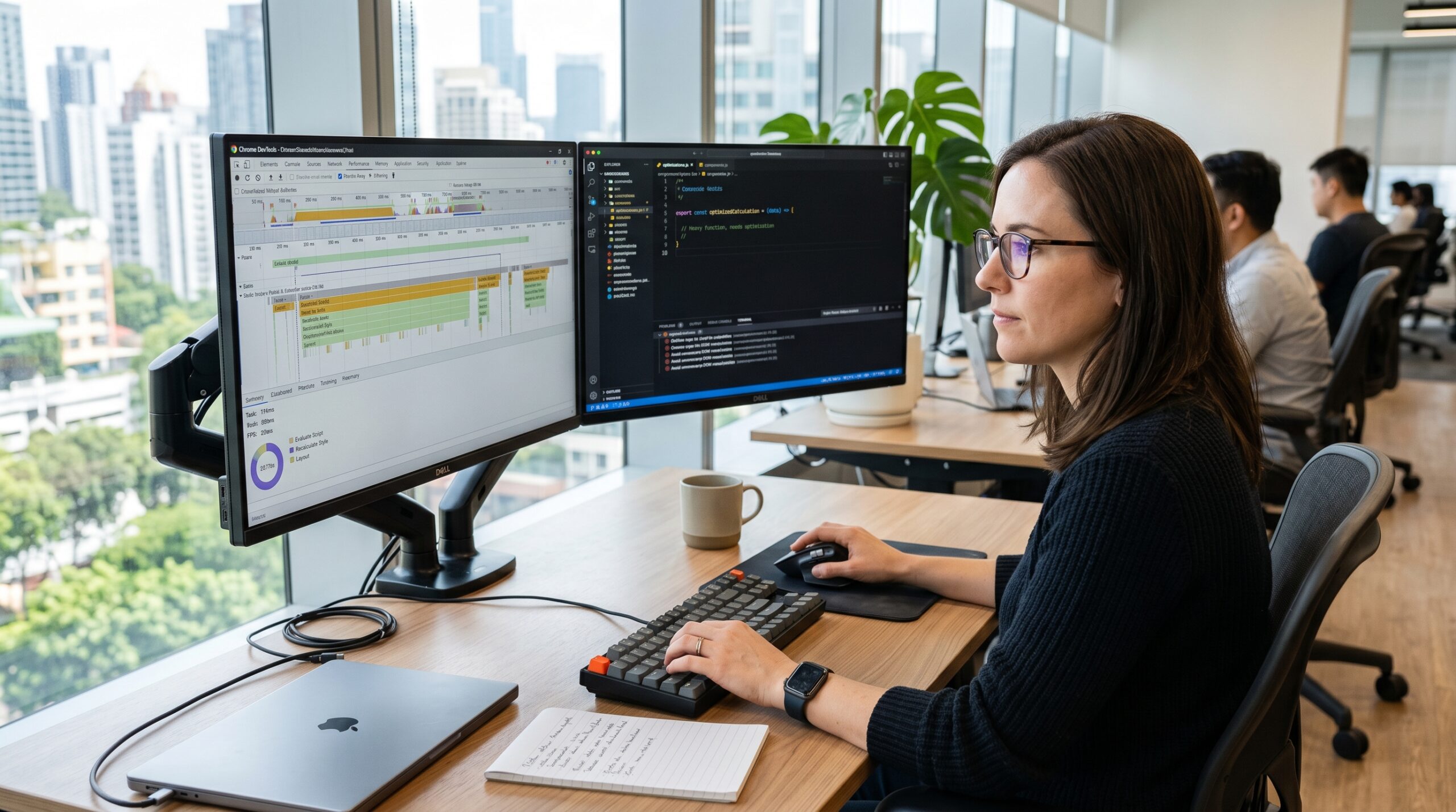 Dual-Monitore zeigen JavaScript Performance Profiler und Code Editor mit Optimierungsvorschlägen