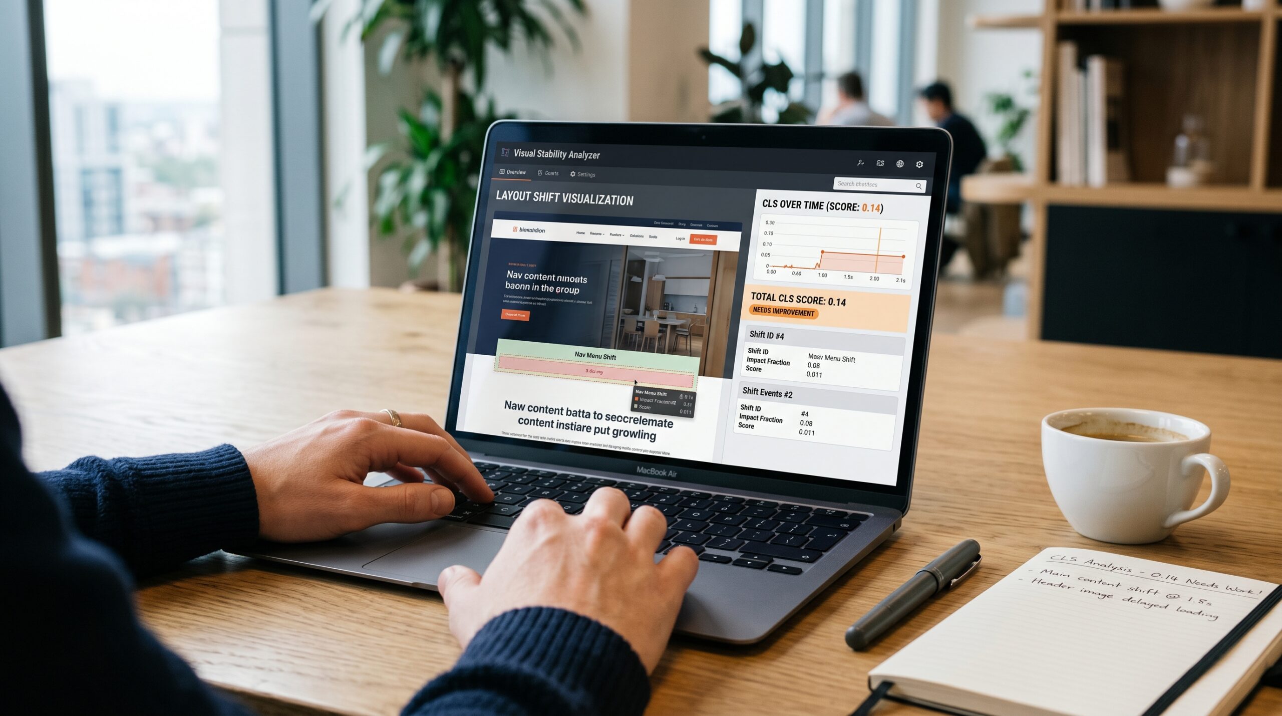 Laptop zeigt Layout Shift Visualisierungstool mit CLS Score für visuelle Stabilität
