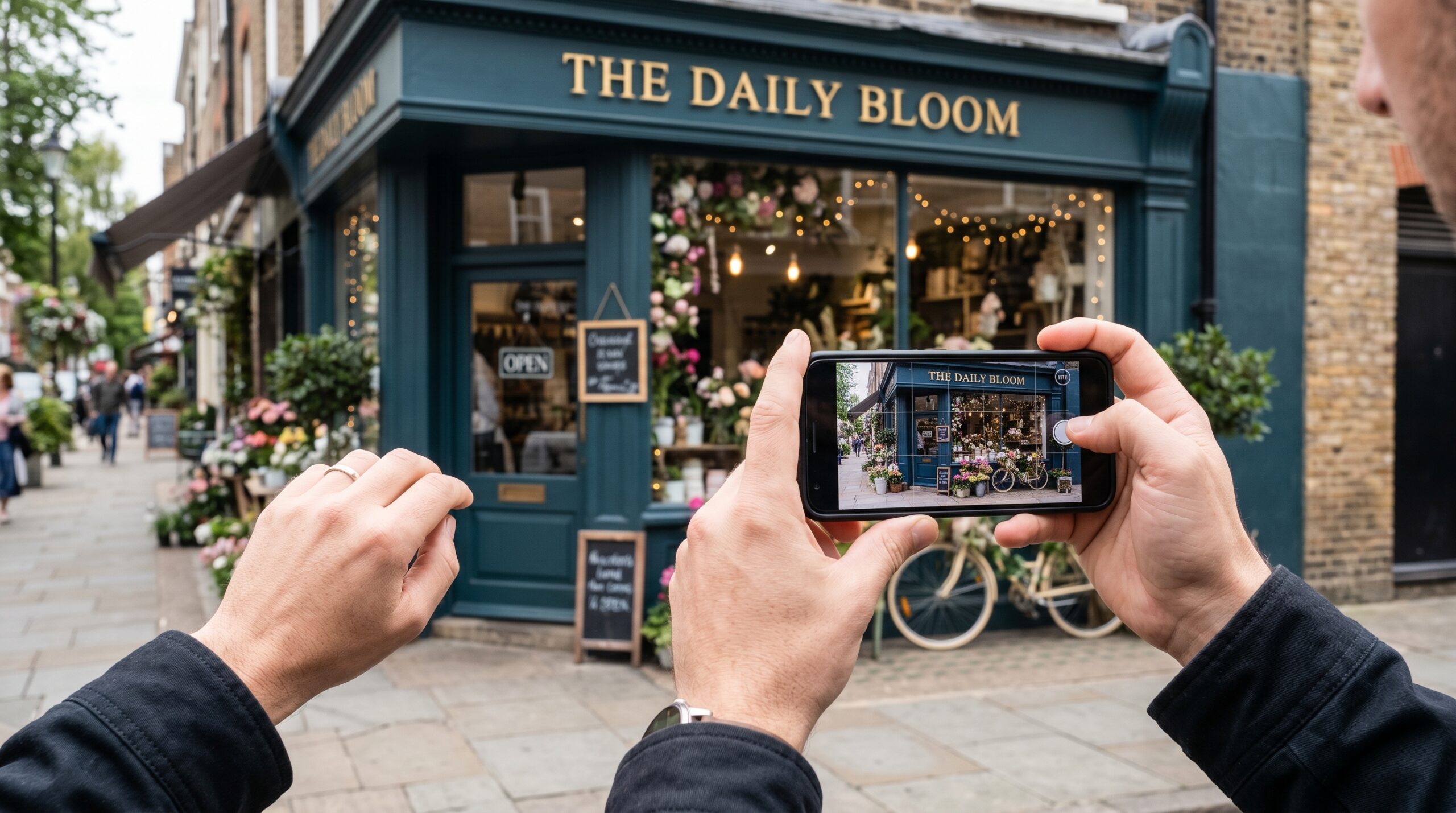 Smartphone fotografiert attraktive Storefront für hochwertige Google Business Profile Fotos