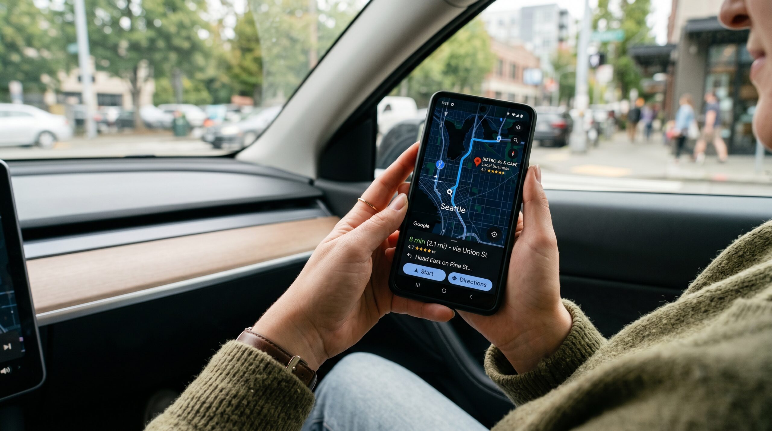 Smartphone mit Google Maps Navigation und Business Standort Pin