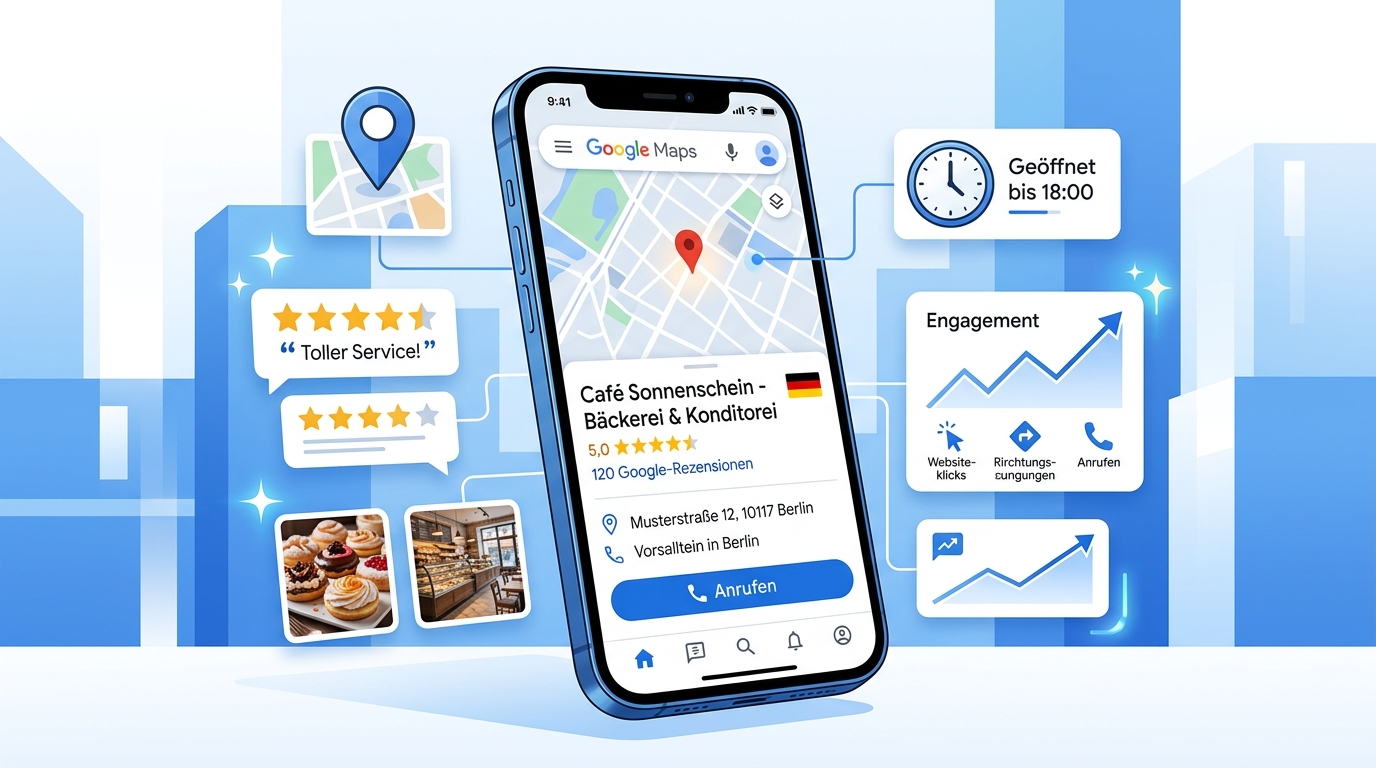 Smartphone mit Google Business Profile Interface und lokaler Unternehmenslisting mit 5 Sternen
