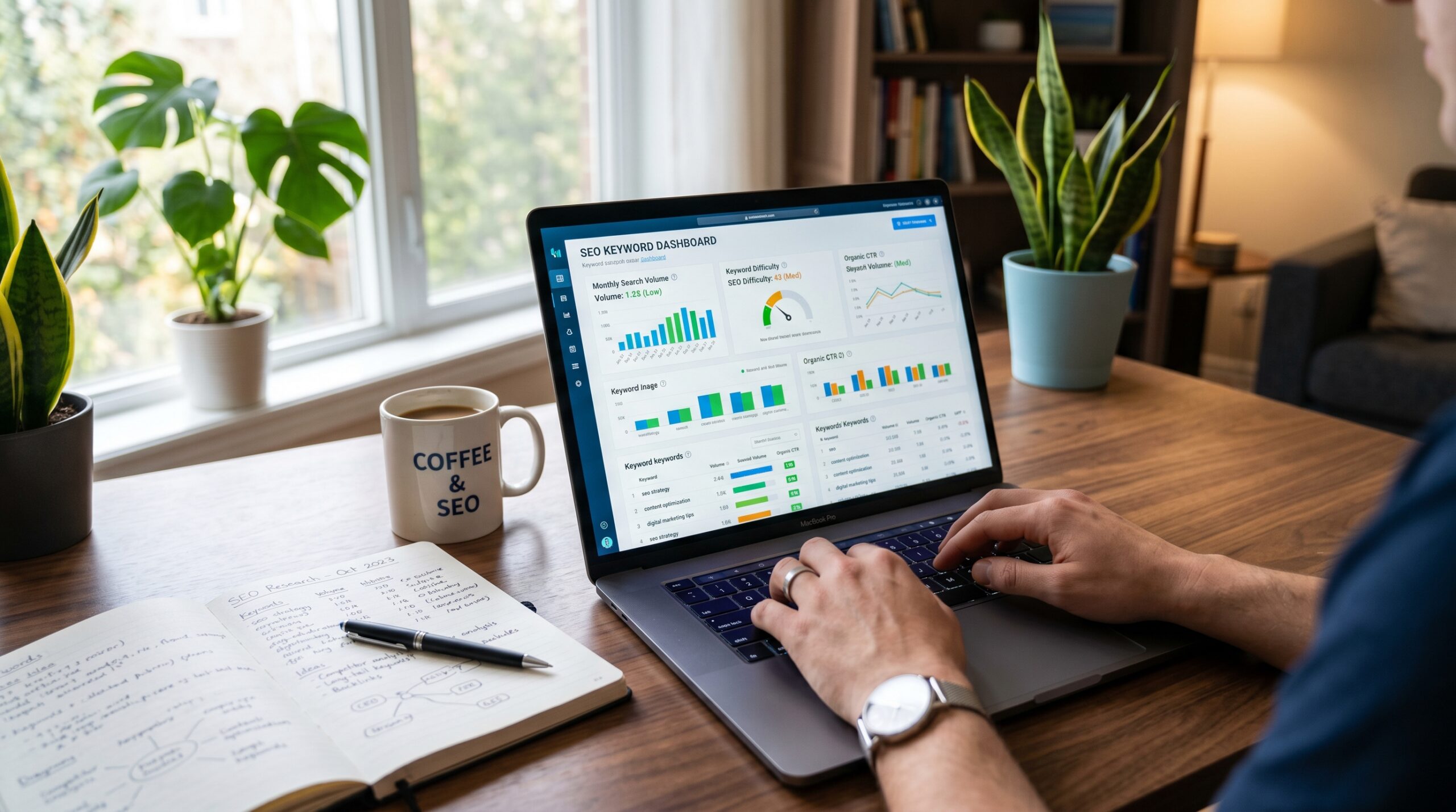 Laptop mit Keyword-Recherche Dashboard und SEO Analytics auf modernem Schreibtisch