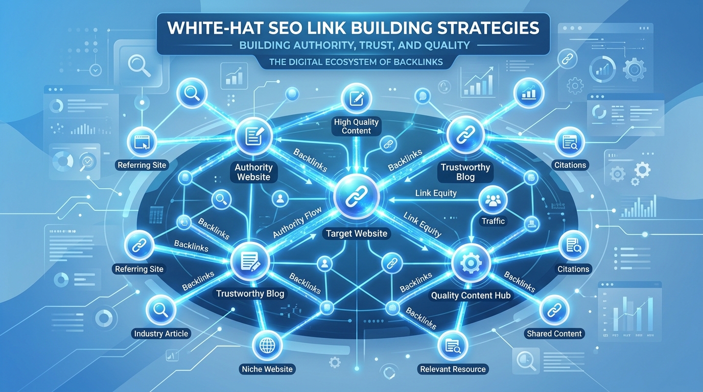 Netzwerk-Grafik zeigt White-Hat Link-Building-Strategien und hochwertige Backlink-Verbindungen