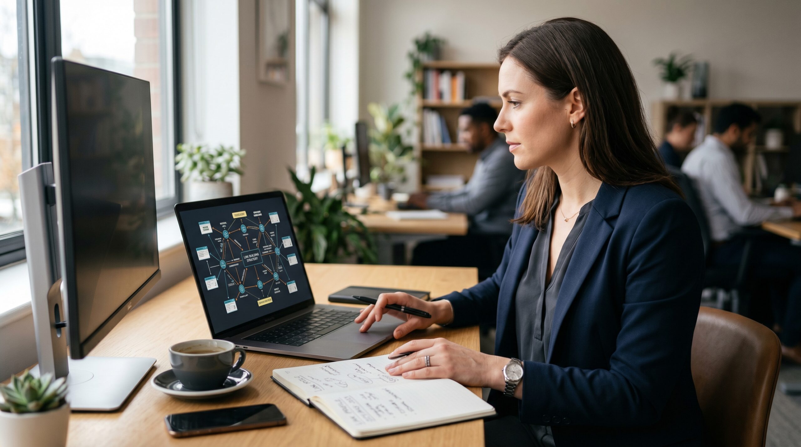 Professionelle Analyse einer Link Building-Strategie mit Netzwerkdiagramm auf Laptop-Bildschirm