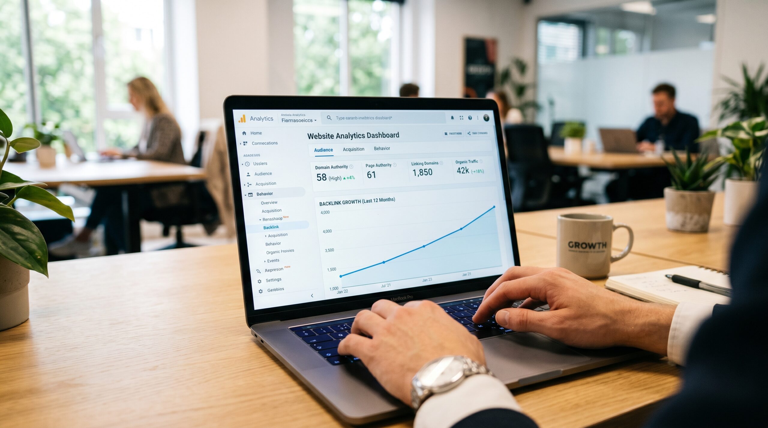 Hands analyzing backlink growth metrics and domain authority on analytics dashboard