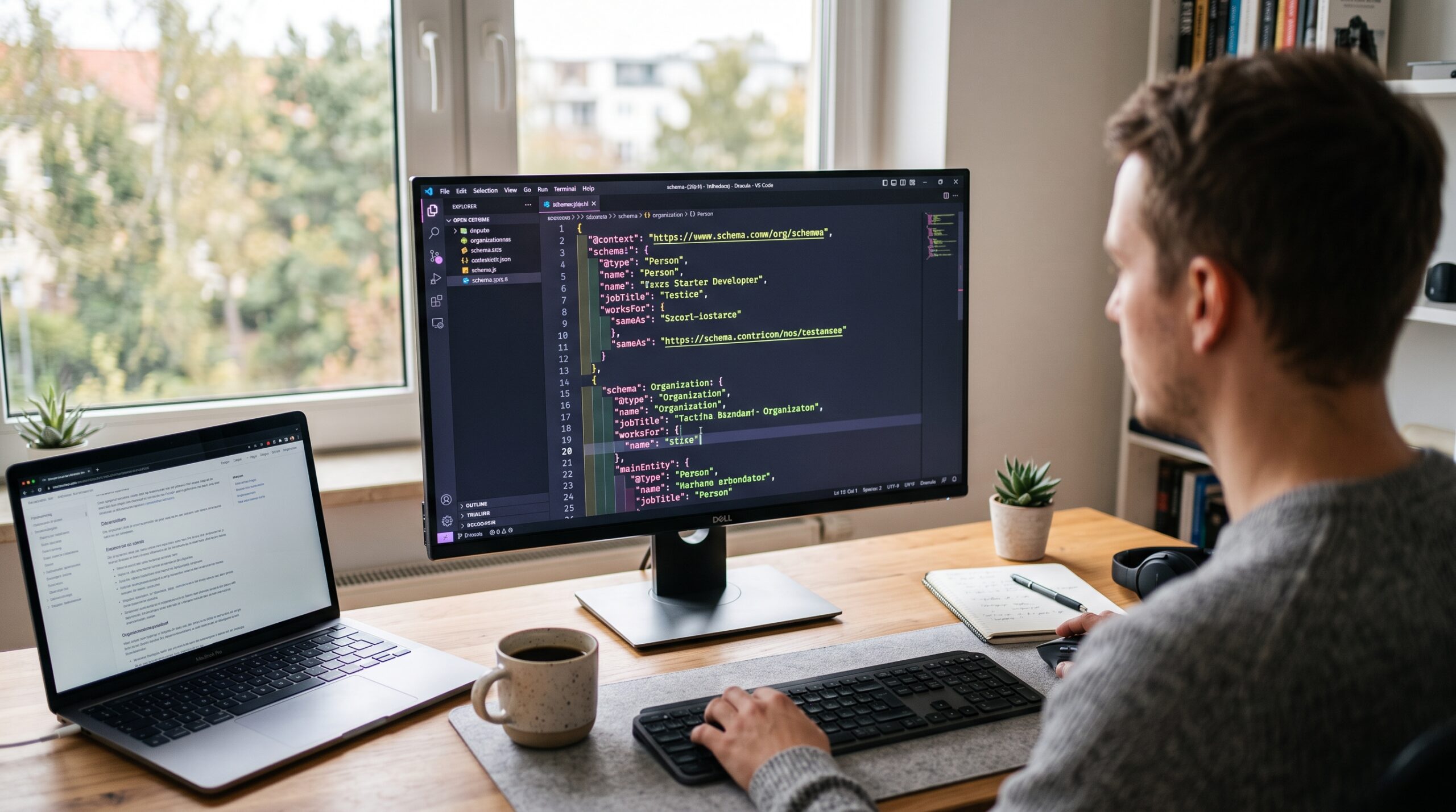 Computer-Monitor zeigt Schema Markup Code mit strukturierten Daten