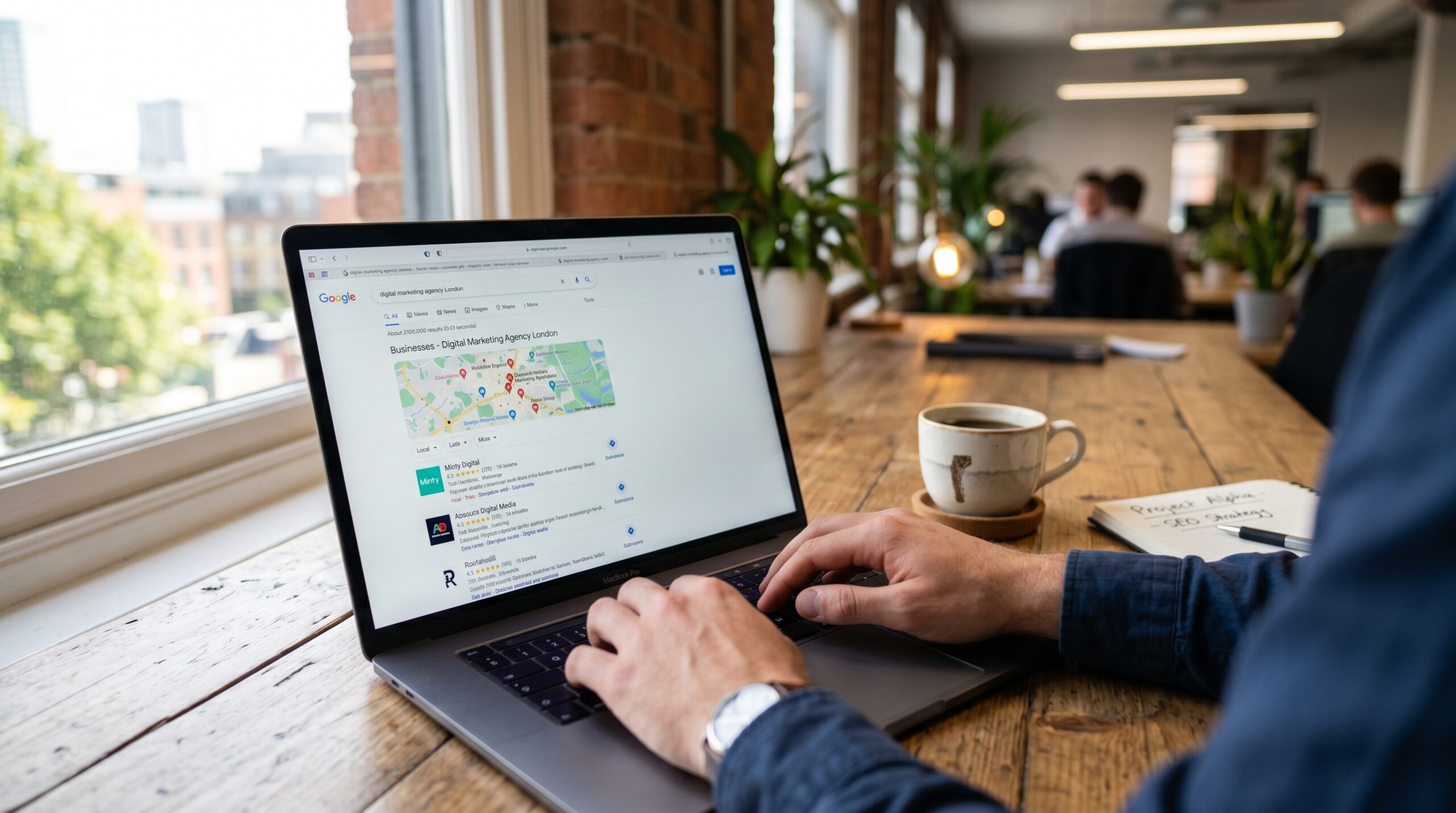 Laptop zeigt Google Suchergebnisse für lokale Unternehmen mit SEO-optimierten Rankings