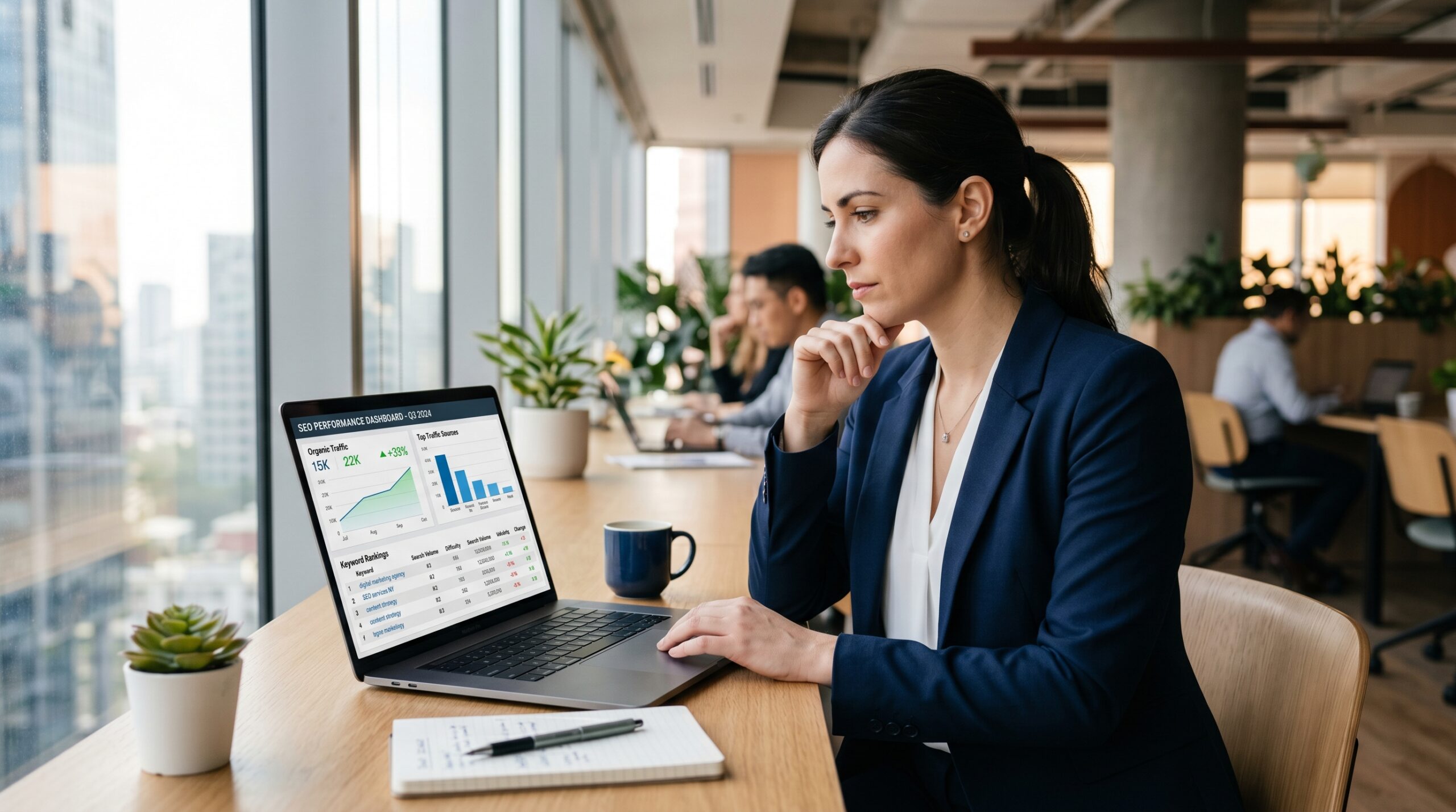 Business Analyst überprüft SEO Analytics Dashboard mit Traffic-Daten und Keyword-Rankings