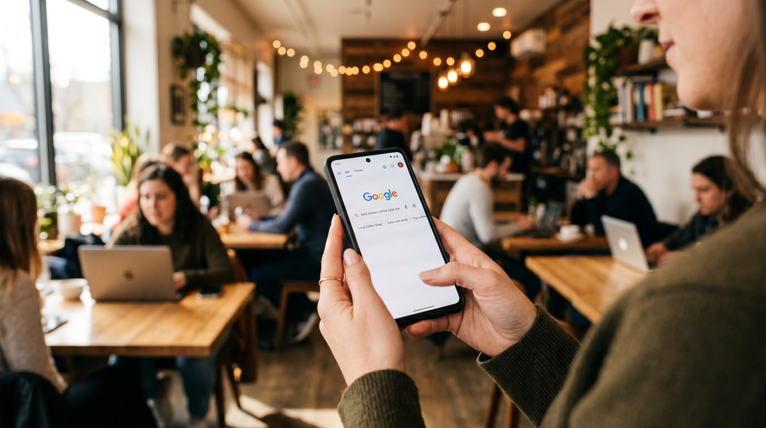 Smartphone mit Google Suchleiste für mobile SEO und lokale Geschäftssuche