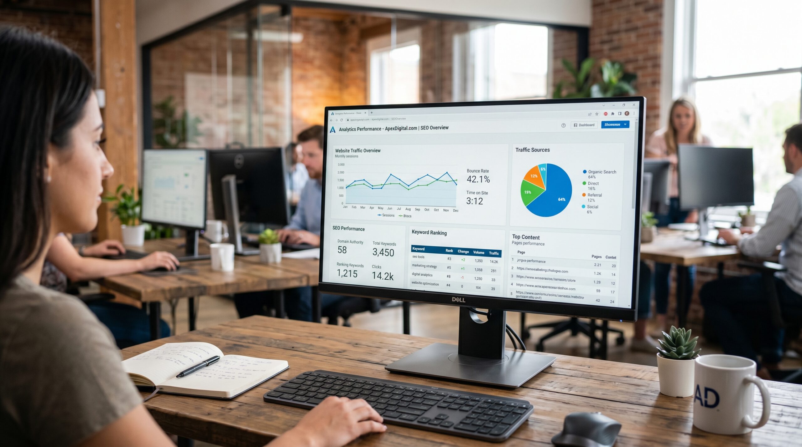 Computer Monitor mit Website Analytics Dashboard und SEO Performance Metriken