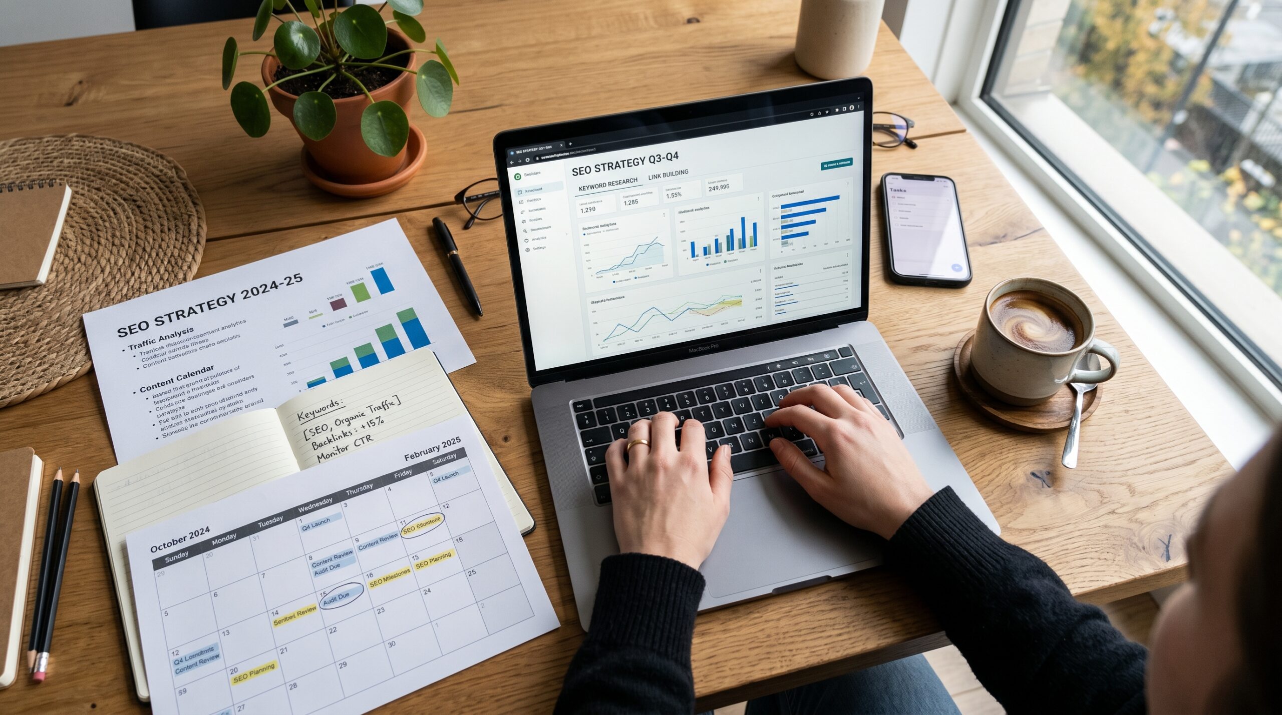 Overhead-Ansicht von SEO Strategie-Planung mit Dokumenten und langfristiger Kalenderübersicht