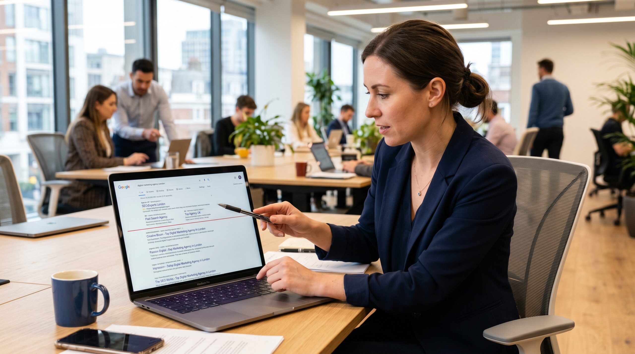 Laptop Screen zeigt Vergleich zwischen organischen SEO Rankings und bezahlten Google Ads