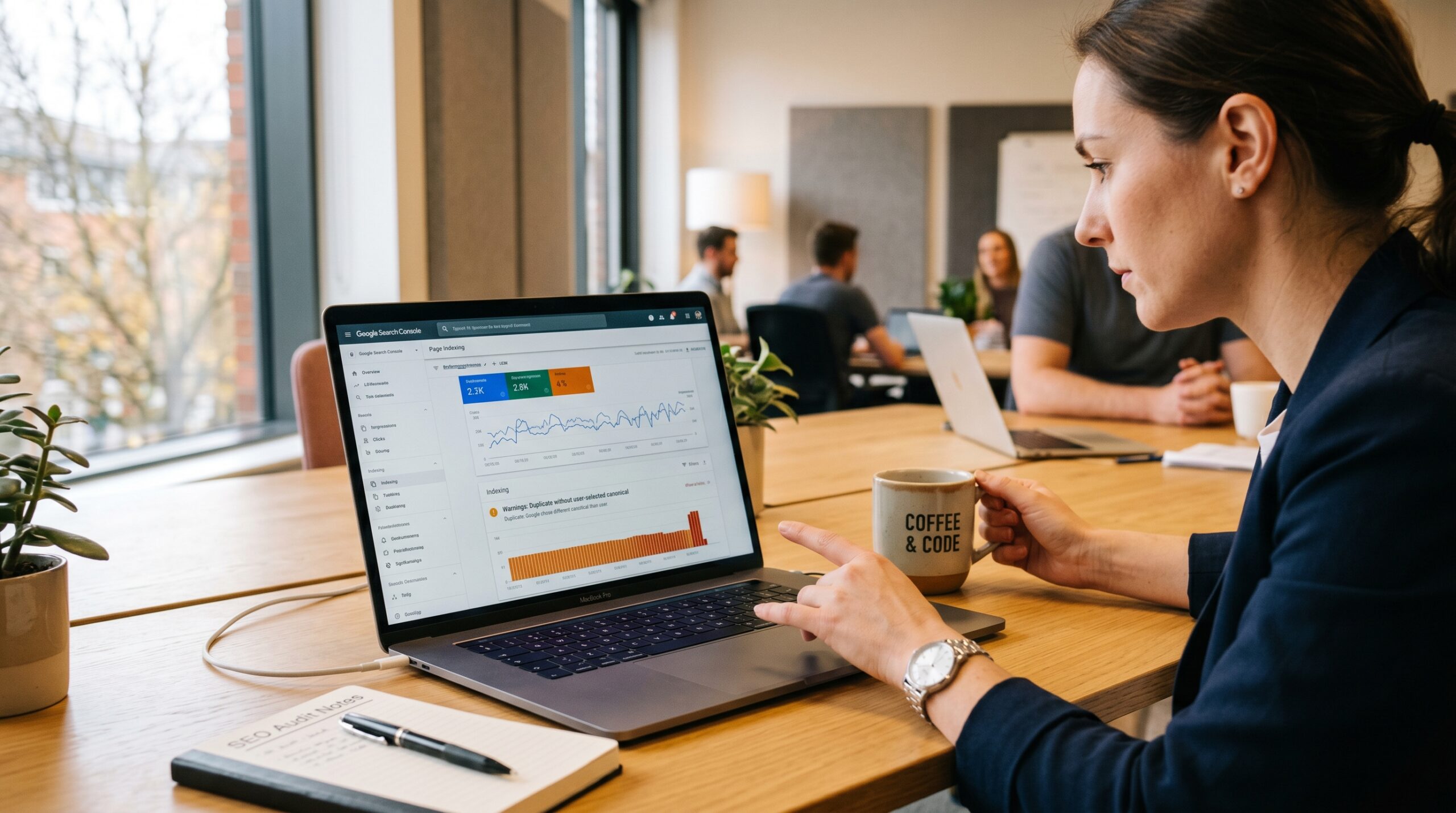 Google Search Console Dashboard zeigt Duplicate Content Warnungen und SEO Analytics auf Laptop-Bildschirm