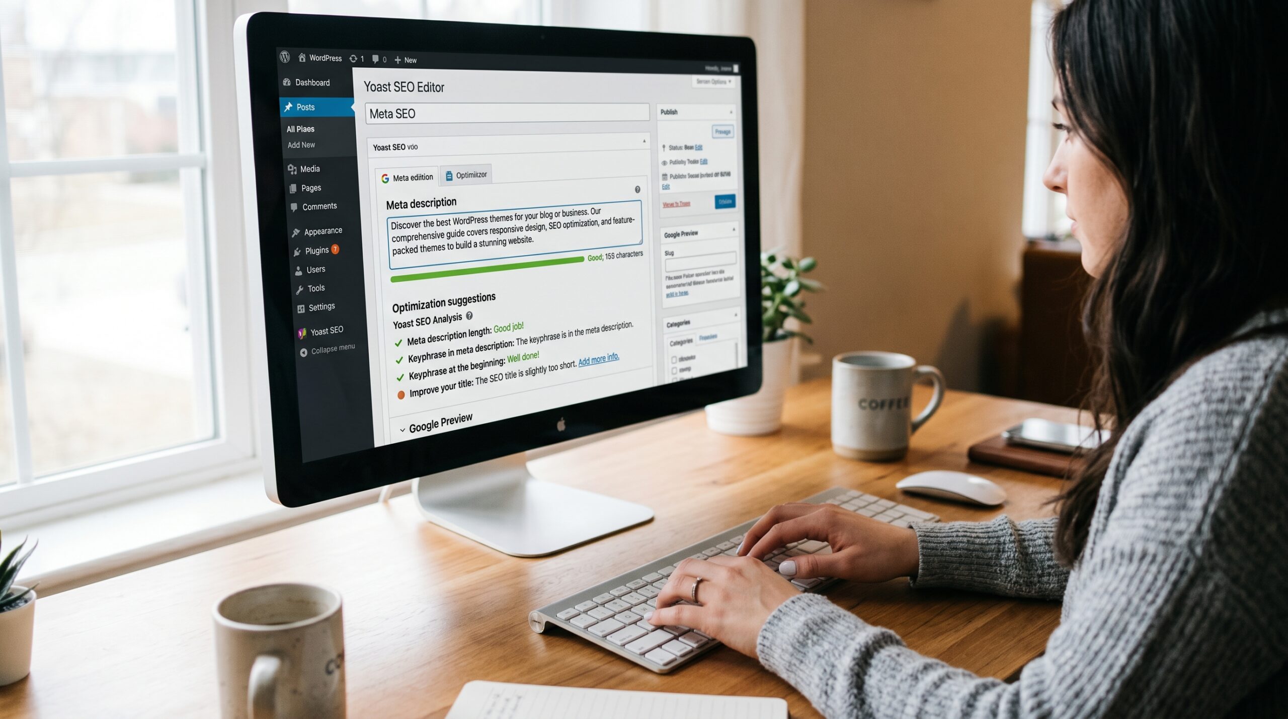 WordPress Editor mit Meta Description Feldern und Optimierungsvorschlägen auf Computer-Bildschirm