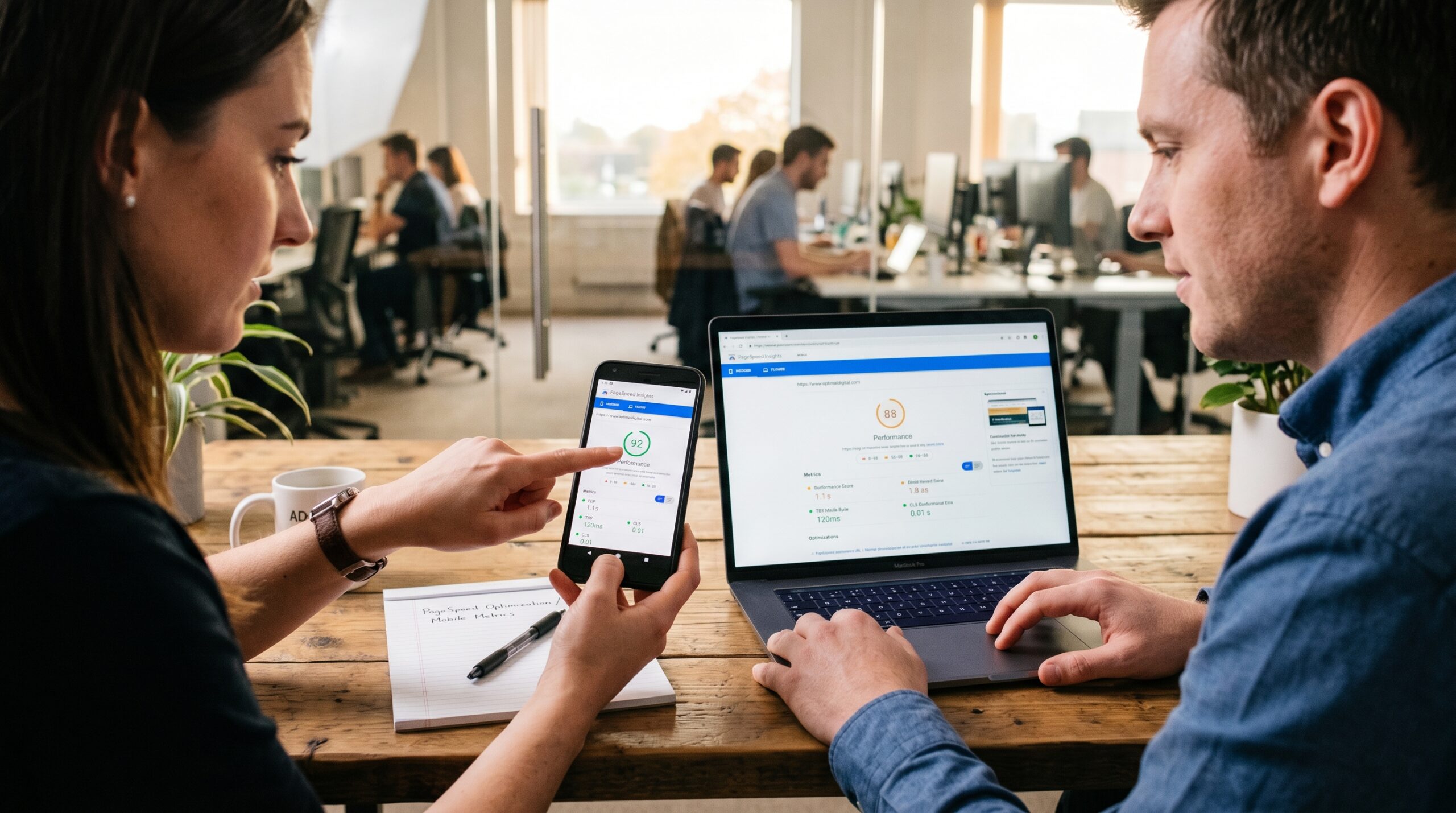 Smartphone und Laptop zeigen PageSpeed Insights Ergebnisse mit Ladegeschwindigkeit-Metriken