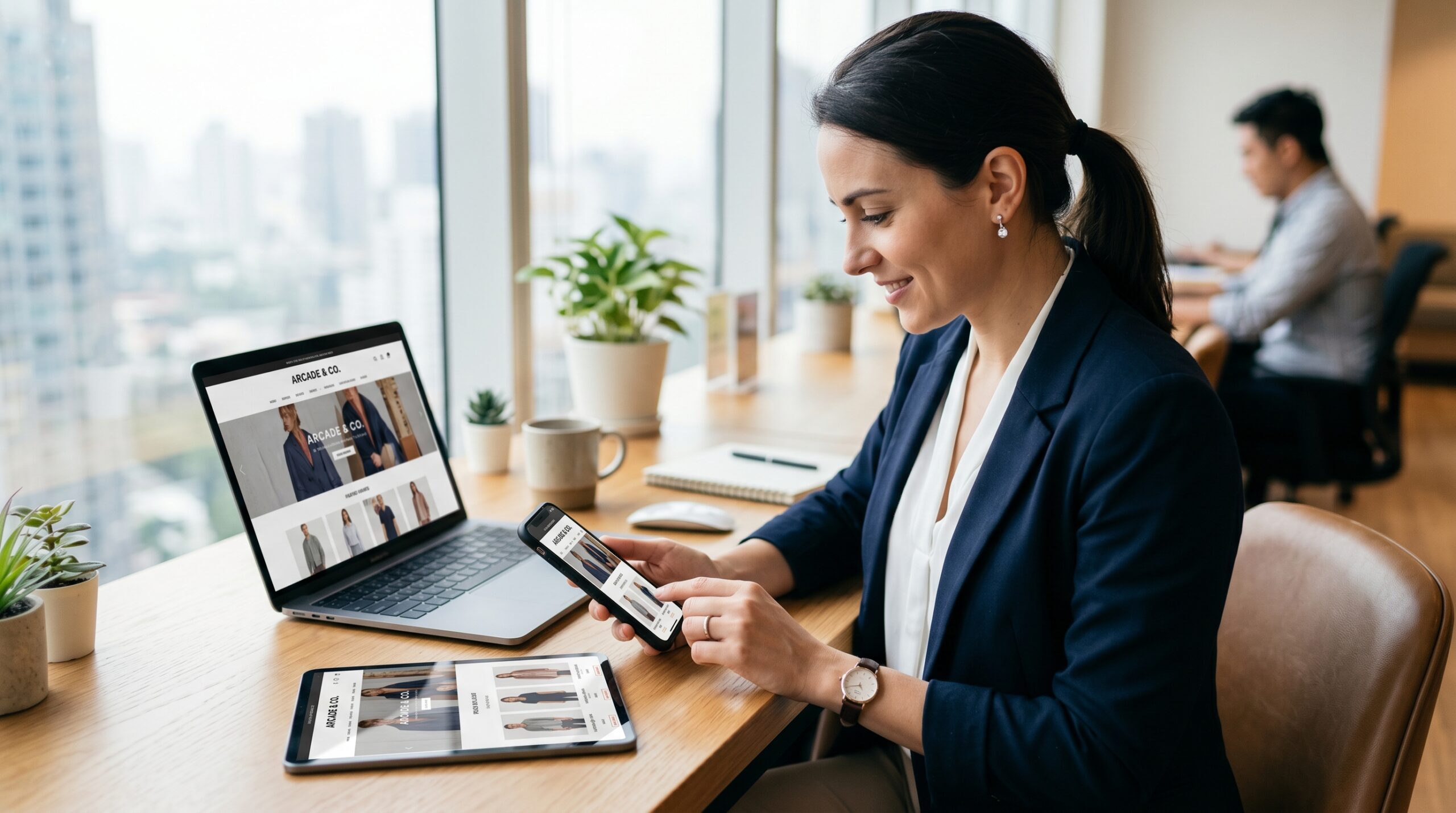 Person testet Website auf mehreren mobilen Geräten für responsive Design Optimierung