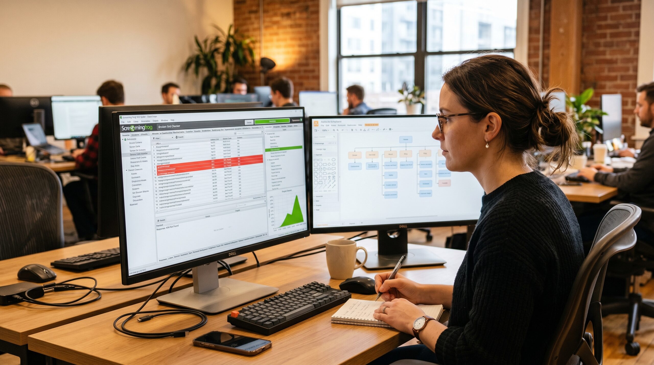 Computer Monitor zeigt Broken Link Checker Tool mit markierten 404-Fehler-Seiten
