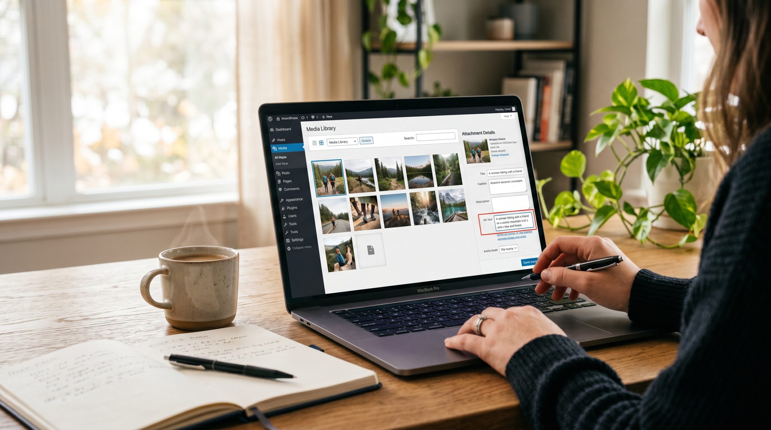 WordPress Media Library Interface mit Bild Alt-Text Optimierung und Metadaten-Feldern