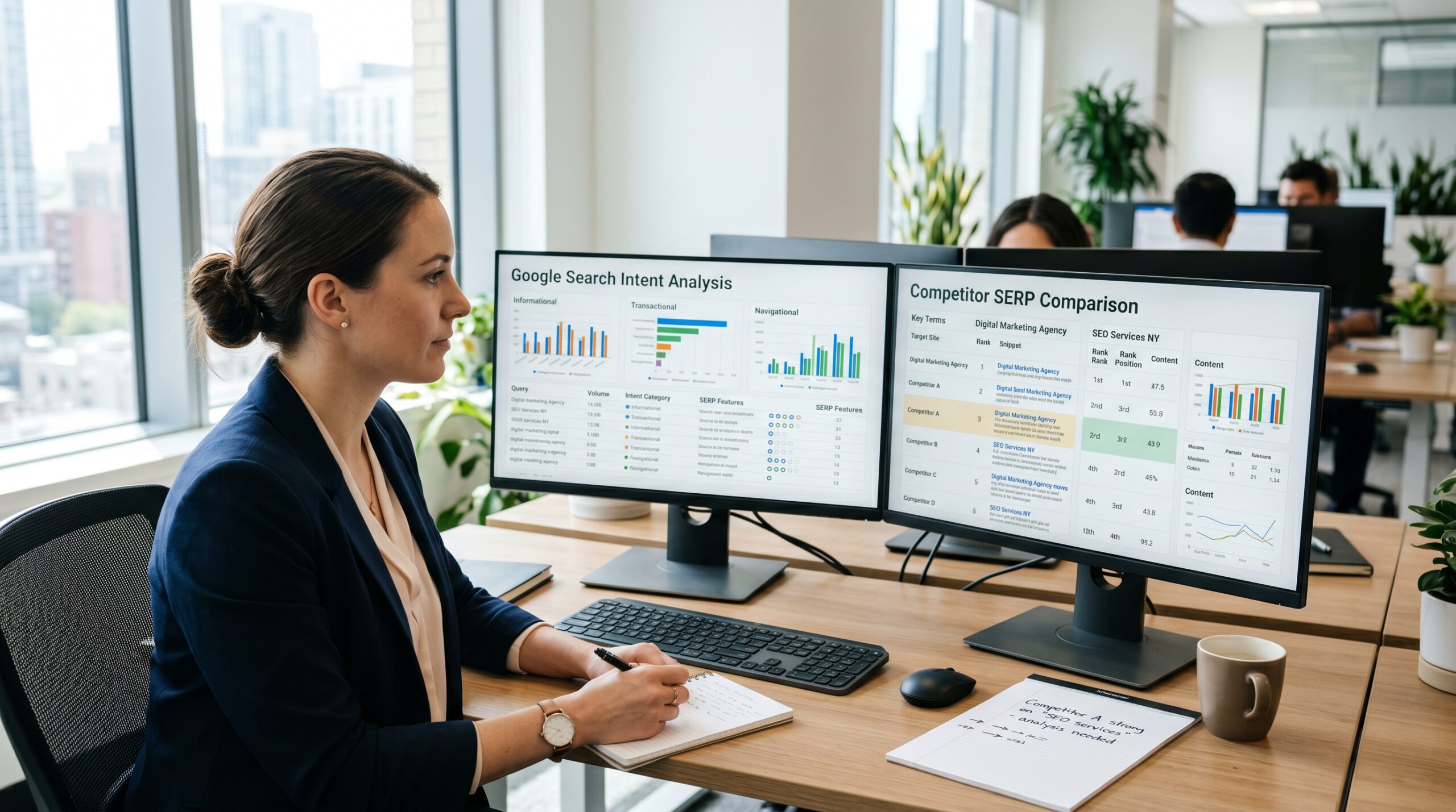 Dual-Monitor Setup zeigt Google Search Intent Analyse mit SERP Konkurrenz-Vergleich