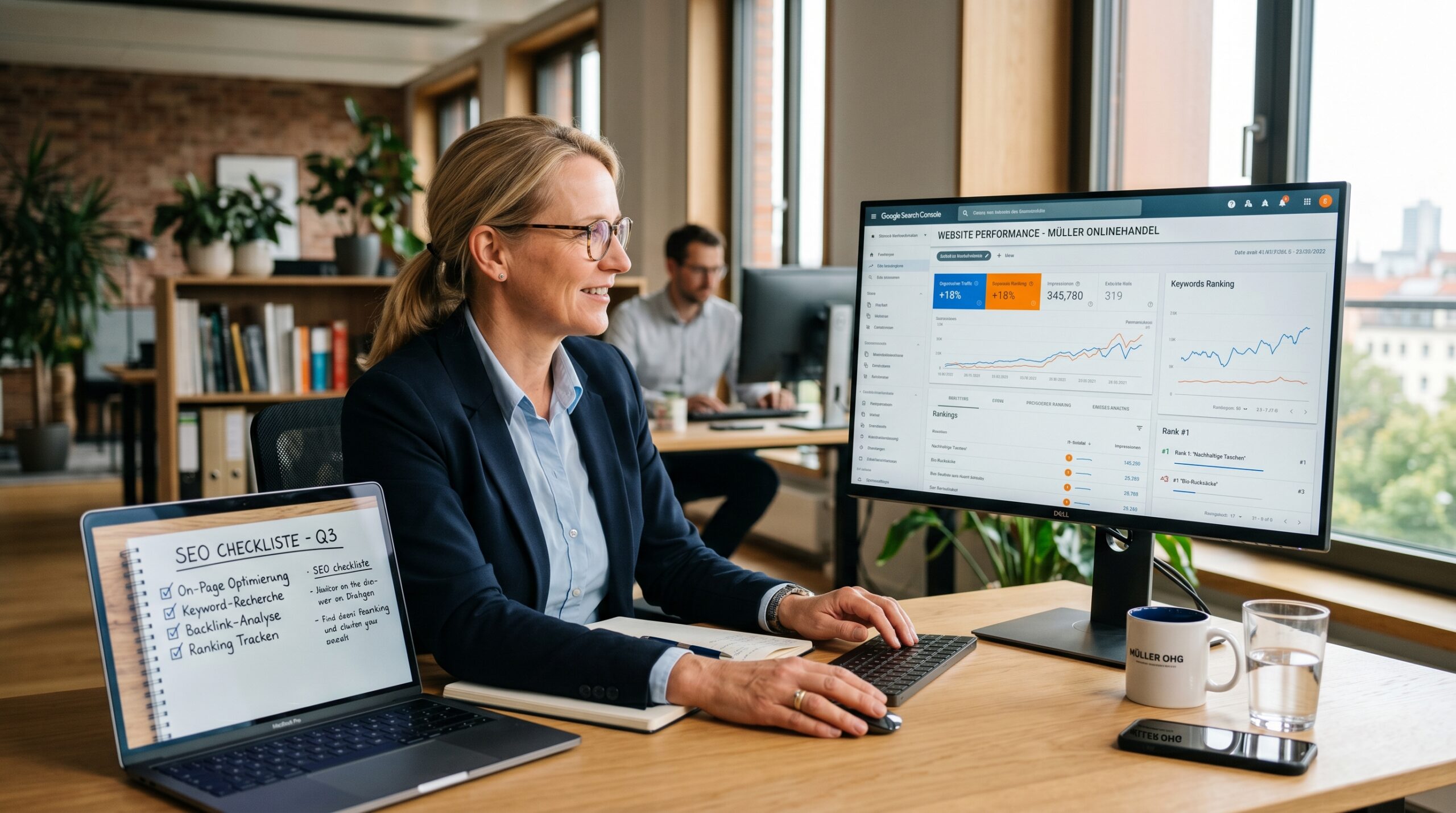 SEO-Fehler vermeiden: Businessperson analysiert Website-Rankings und Optimierungsmöglichkeiten am Computer