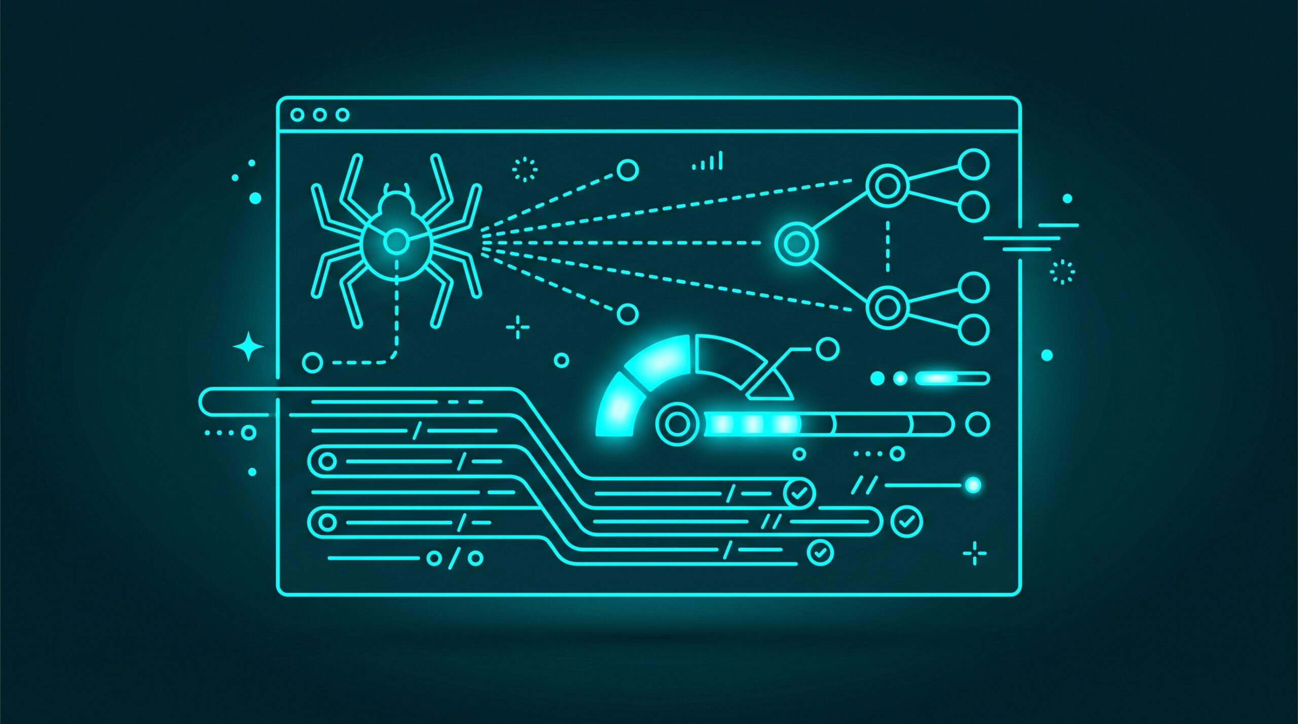 Ilustrație neon: audit SEO tehnic – indexare, crawl și performanță