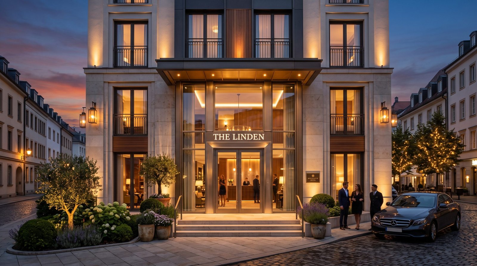Modernes Hotel mit eleganter Architektur und einladender Beleuchtung