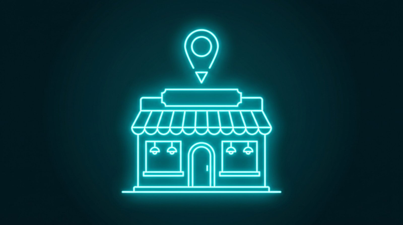 Ilustrație reprezentând SEO local pentru restaurante cu pin de locație și storefront