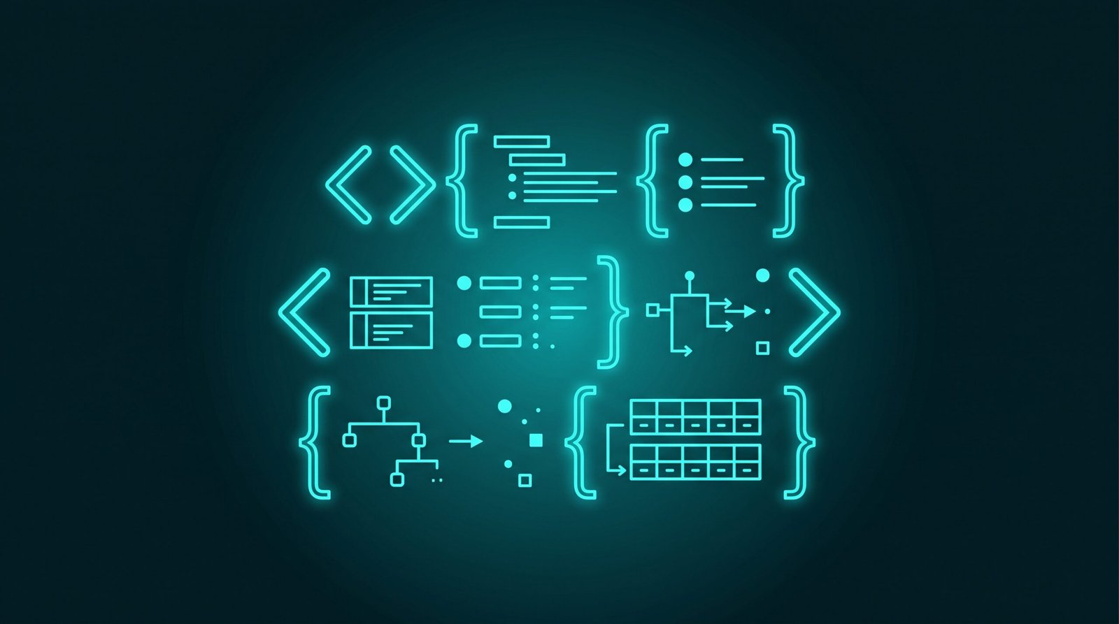 Ilustrație cu cod structurat și simboluri schema markup pentru SEO