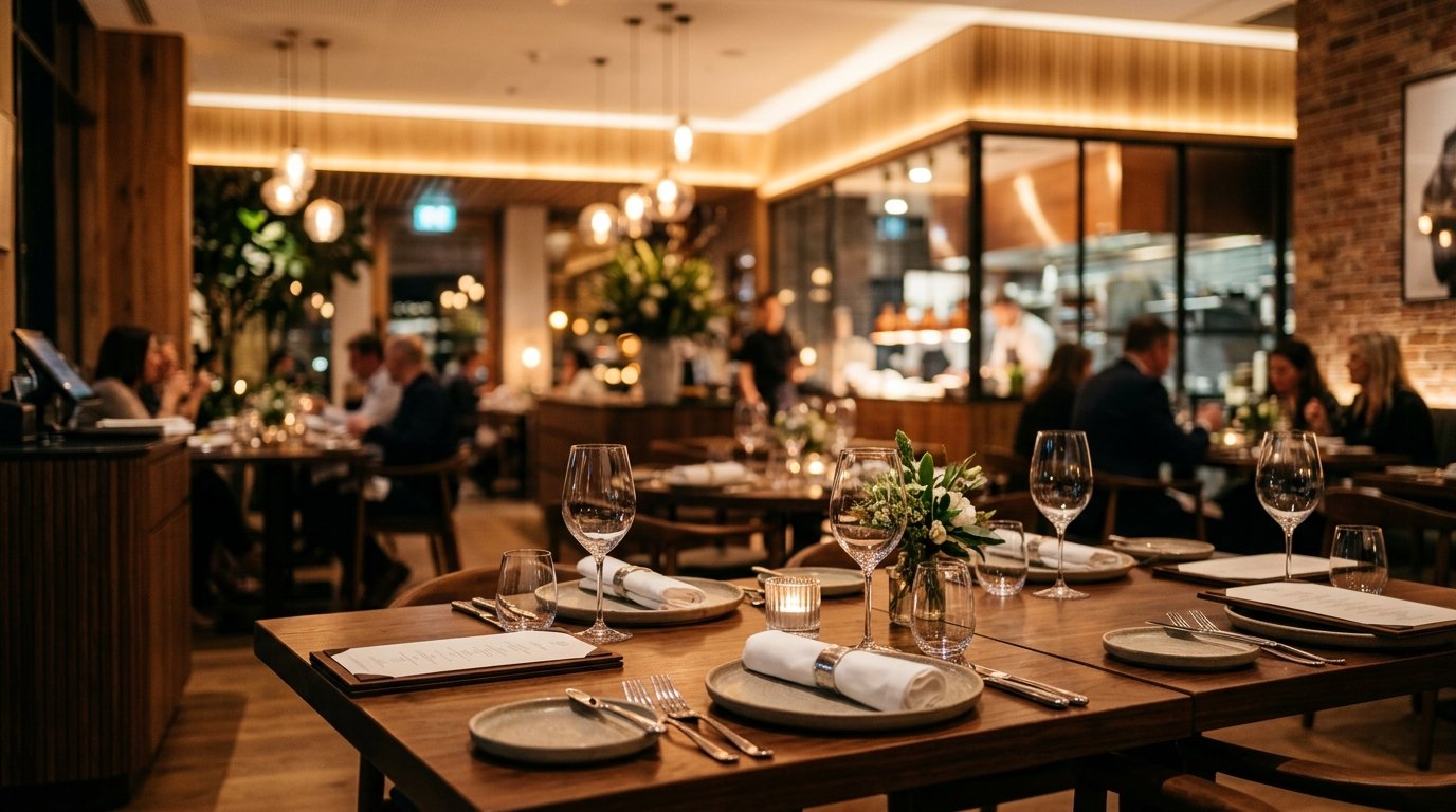 Elegantes Restaurant-Interieur mit professioneller Beleuchtung und modernem Ambiente
