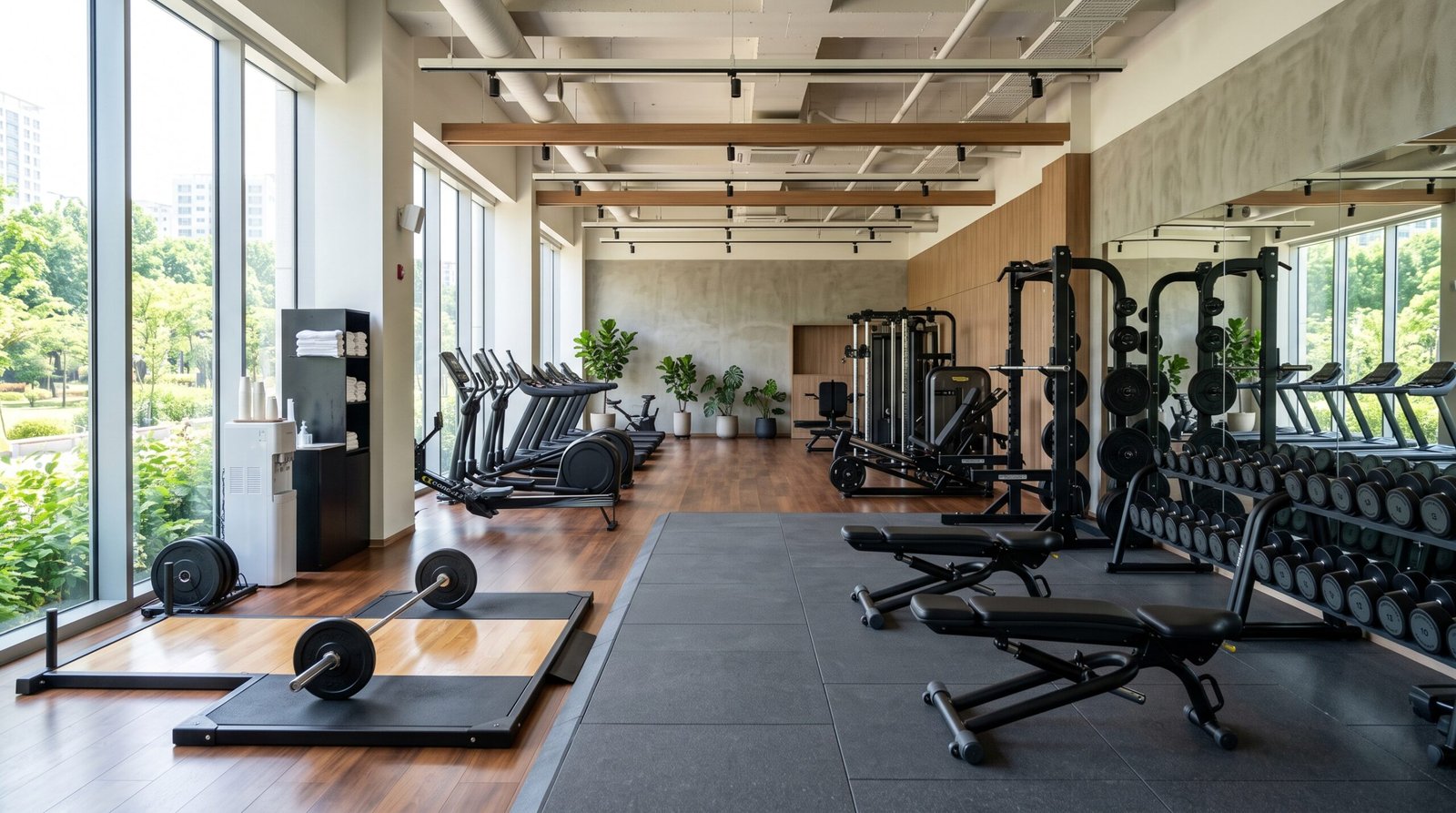 Helles modernes Fitnessstudio mit Geräten, Freihantelbereich und viel Tageslicht