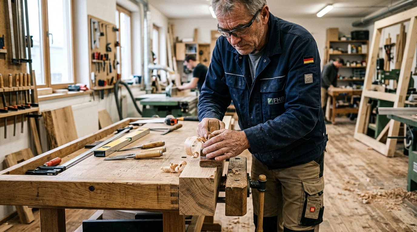 Professioneller deutscher Handwerker bei der Arbeit in moderner Werkstatt
