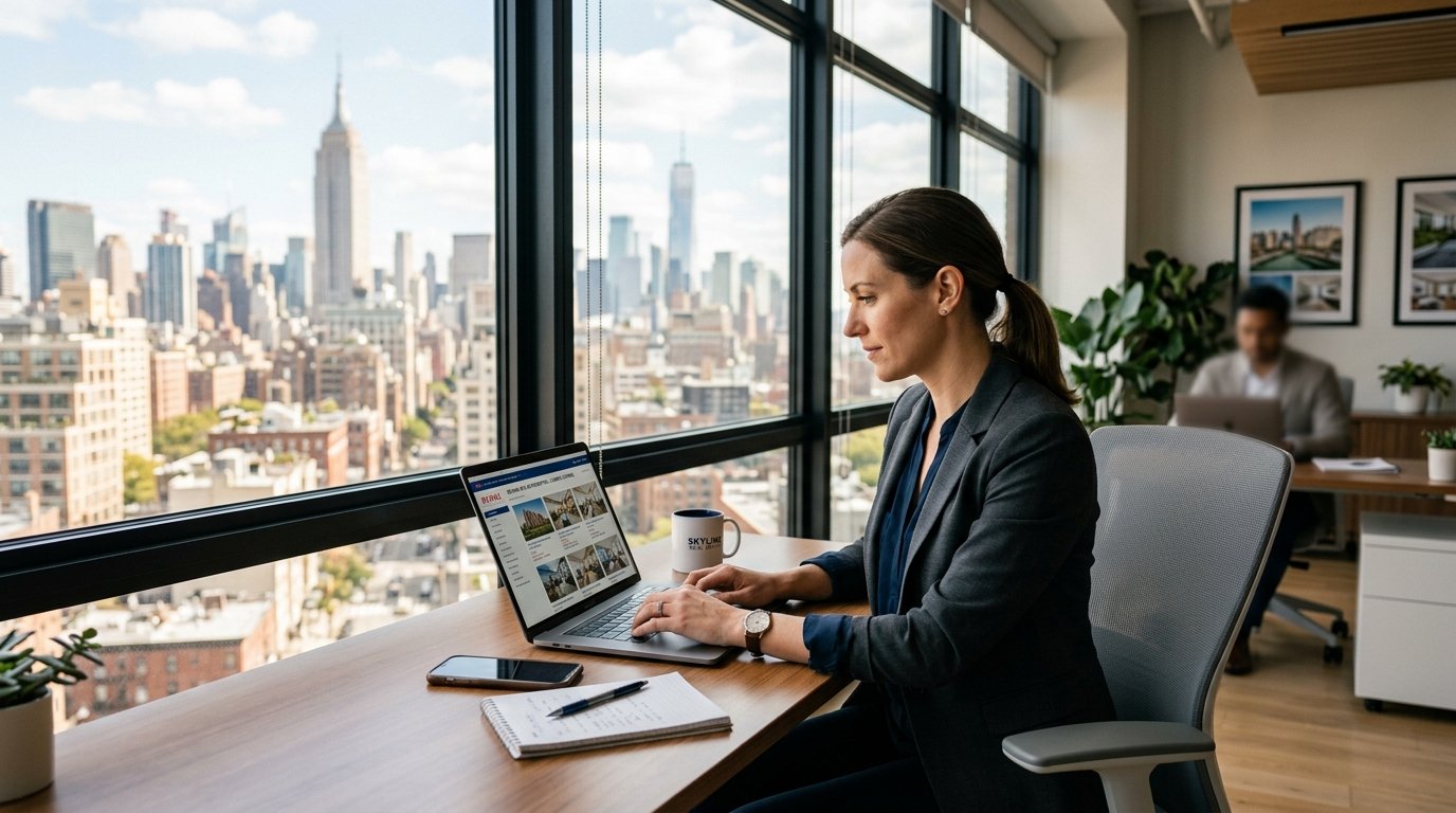 Immobilienmakler arbeitet am Laptop mit SEO-Strategien für lokale Sichtbarkeit