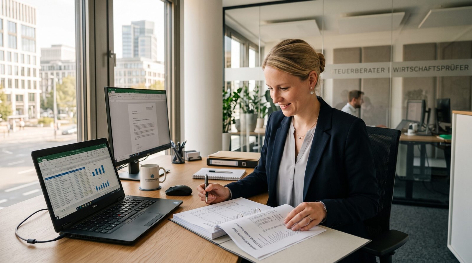 Steuerberater am Schreibtisch bei der Arbeit mit Laptop und Finanzunterlagen