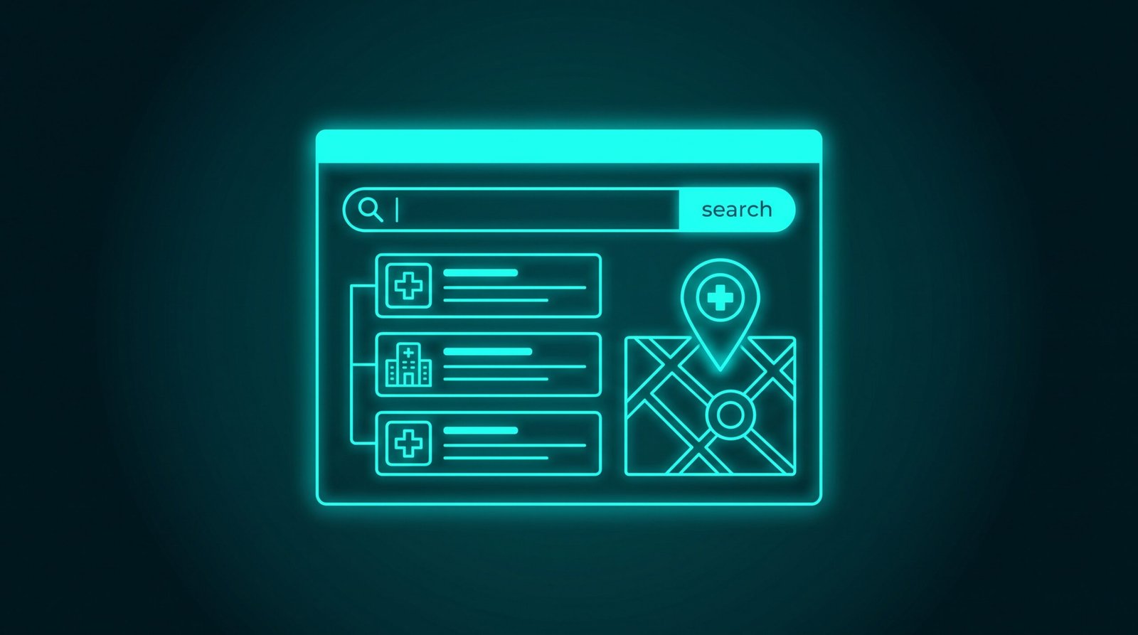 Ilustrație neon cu site de clinică și rezultate de căutare - SEO medici și atragere pacienți online